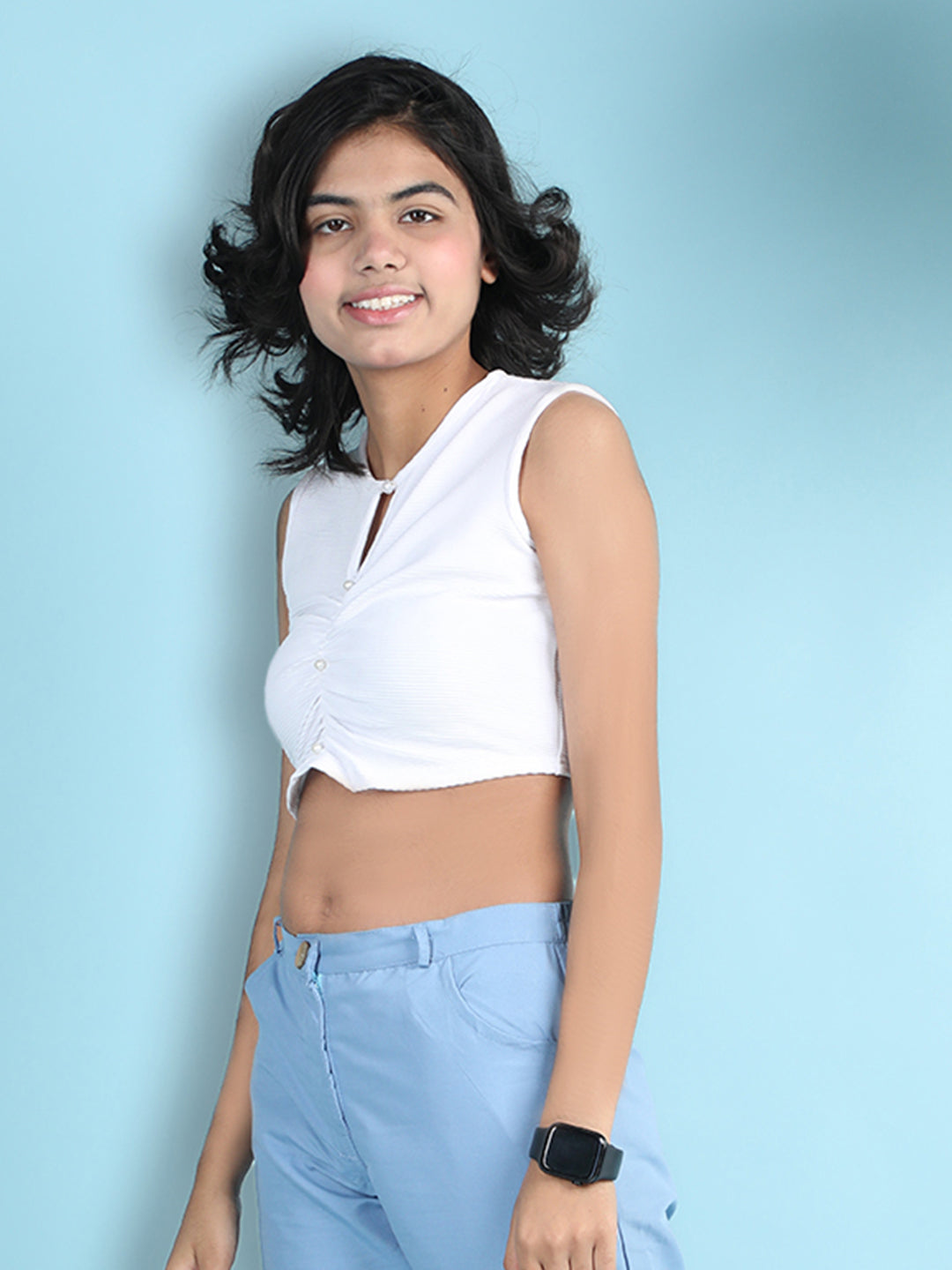 Cutiekins Girls Solid Embellished Stylish Crop Top -White