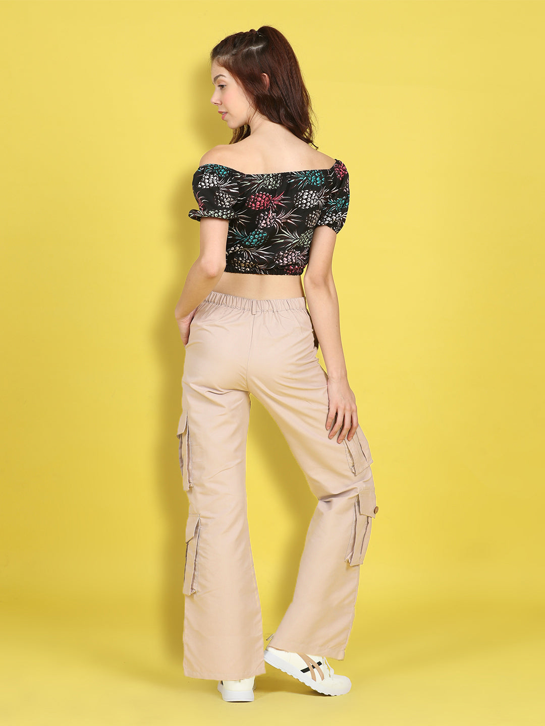 Cutiekins Girls Trendy Bold Look Crop Top With Solid Cargo -Black & Beige