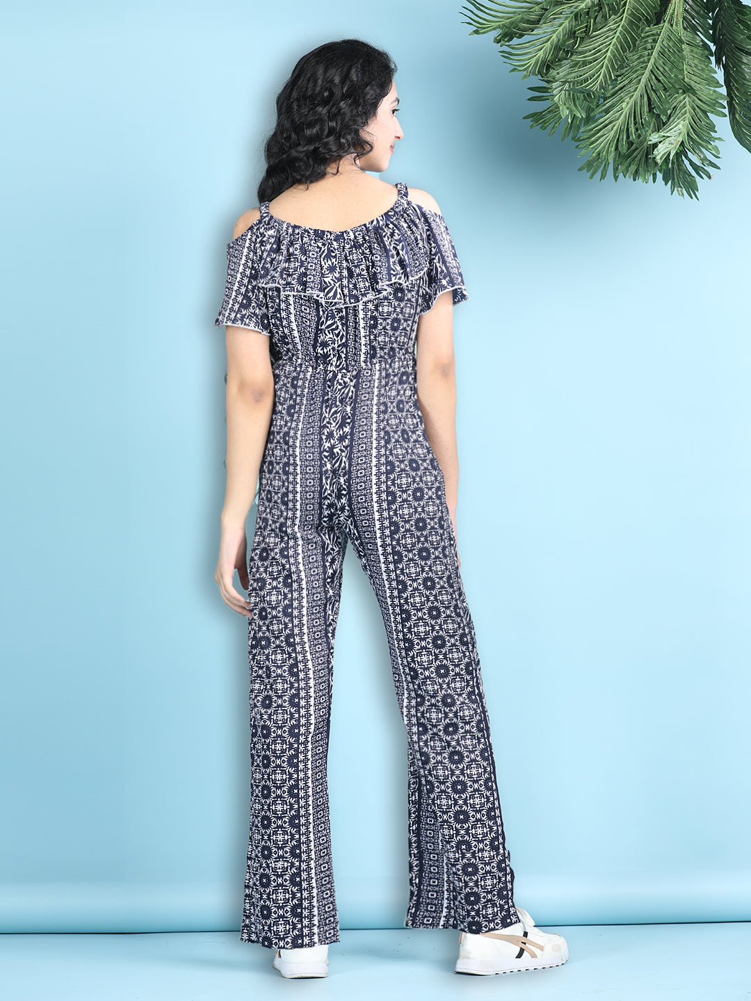 Cutiekins Girls Stylish Ethnic Motifs Print Jumpsuit -Dark Blue & Off White