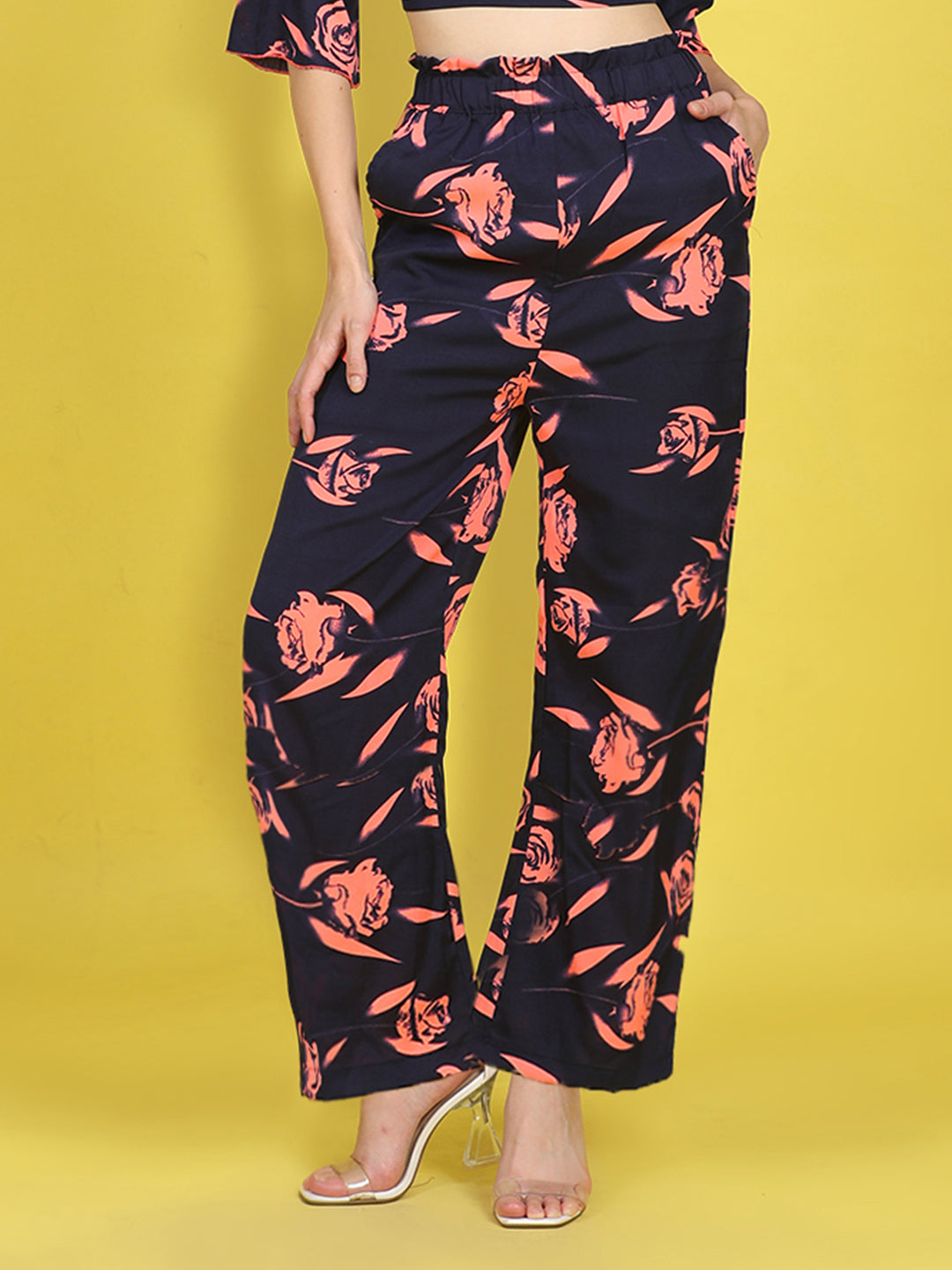 Cutiekins Girls Trendy Bold Style Printed Palazzo -Navy & Coral