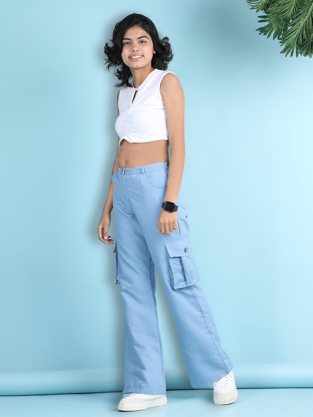 Cutiekins Girls Solid Embellished Top with Solid Cargo -White & Blue