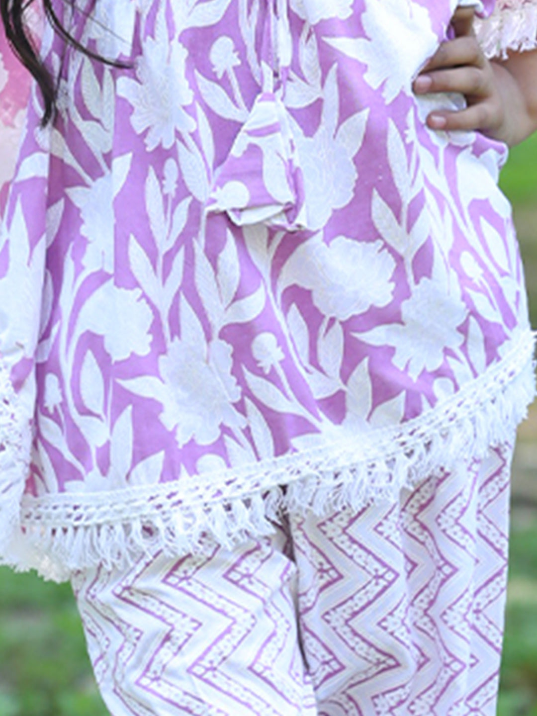 Cutiekins Girls Trendy Floral Print Kaftan Kurta and Palazzo Set -Onion Pink & Off White