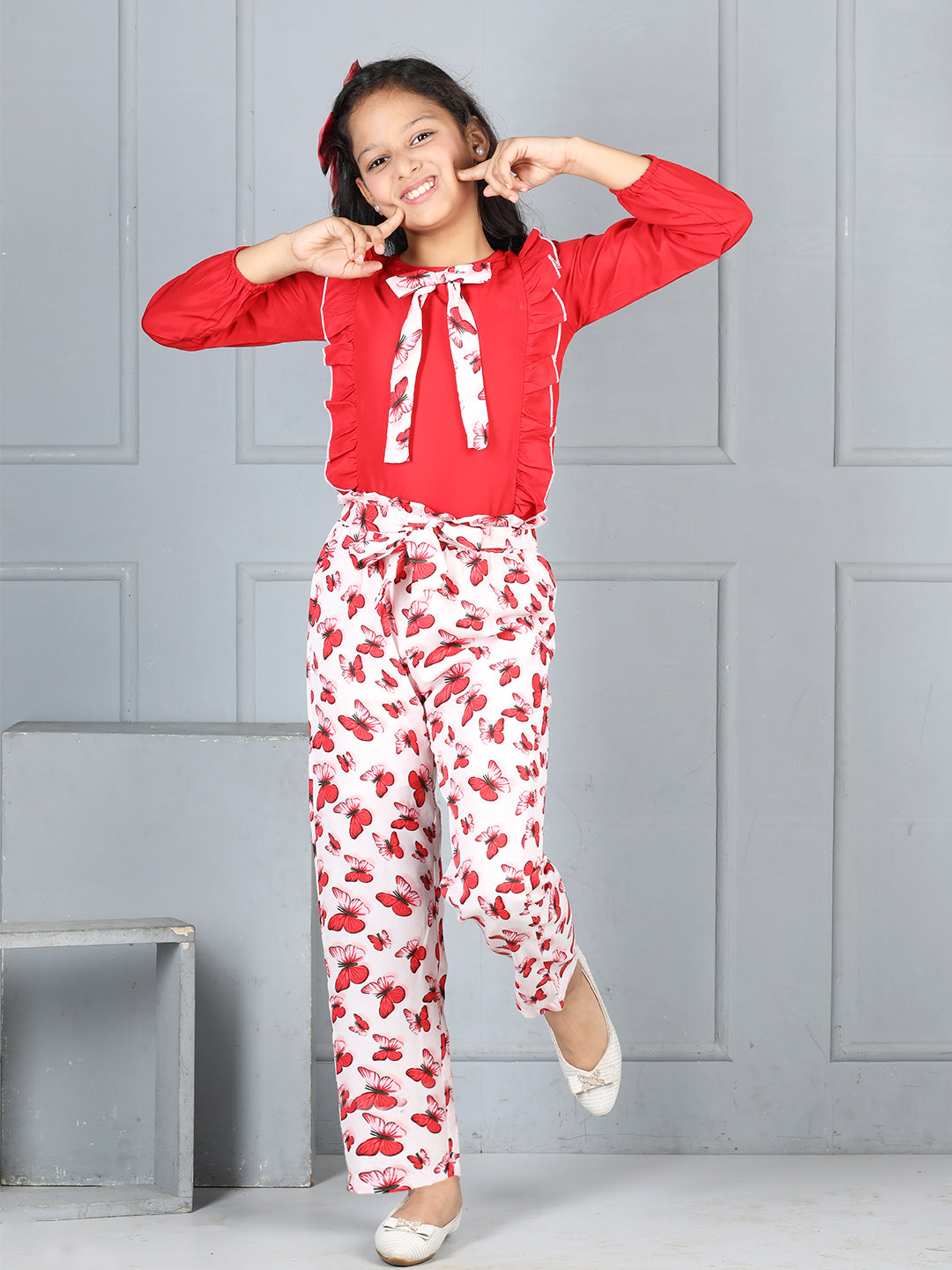 Cutiekins Girls Tie-Up Solid Embellished Top With Butterfly Print Trouser -Red & Off White