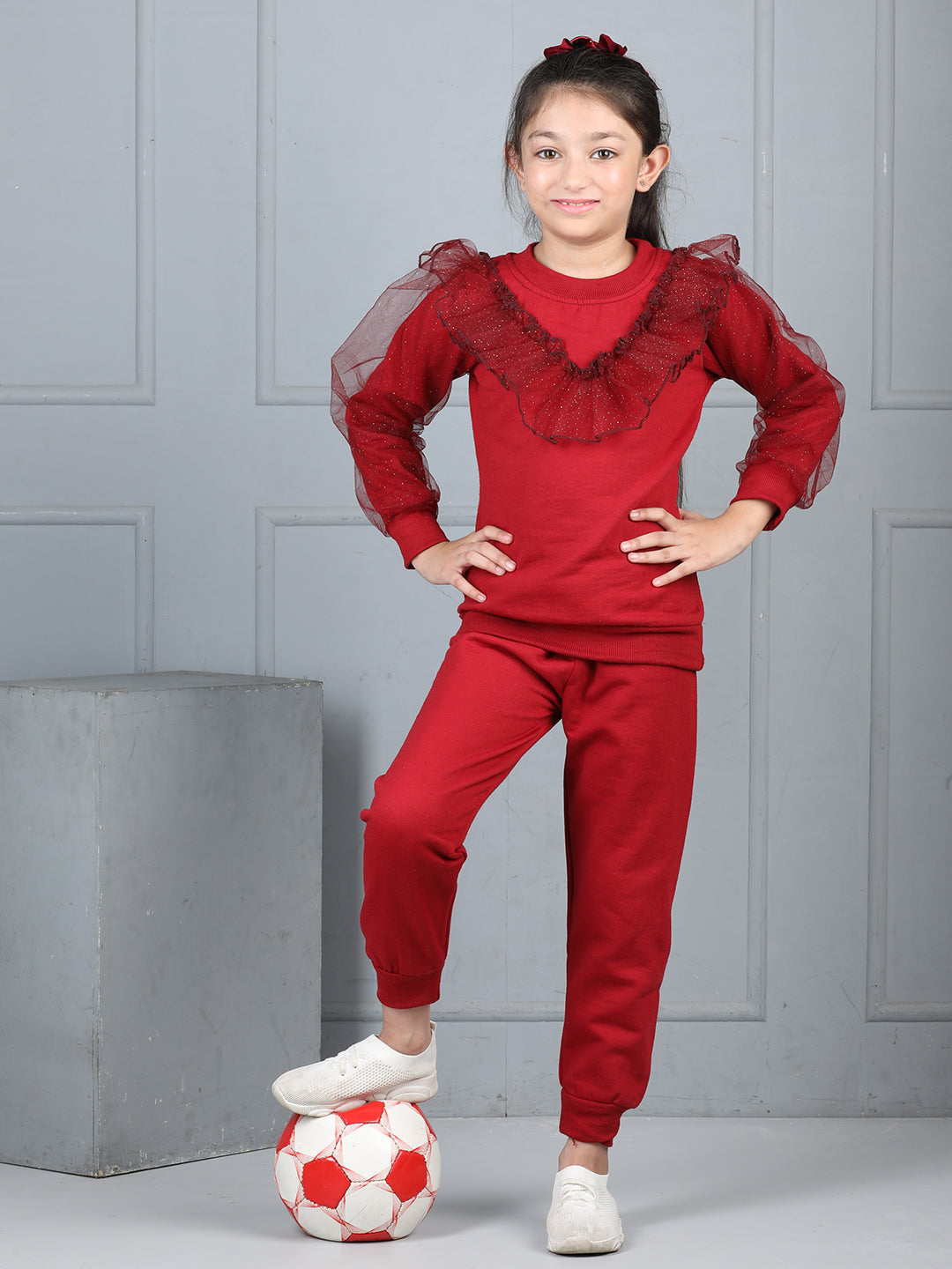 Cutiekins Girls Solid Embellished Cozy Fleece Tracksuit -Maroon