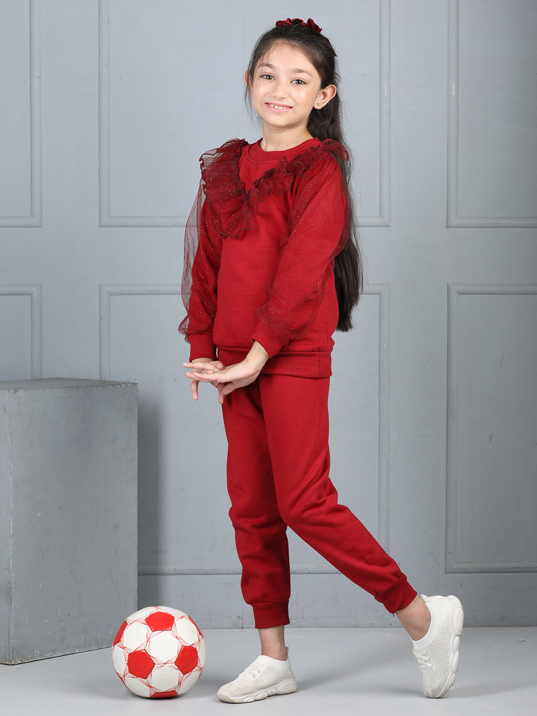 Cutiekins Girls Solid Embellished Cozy Fleece Tracksuit -Maroon