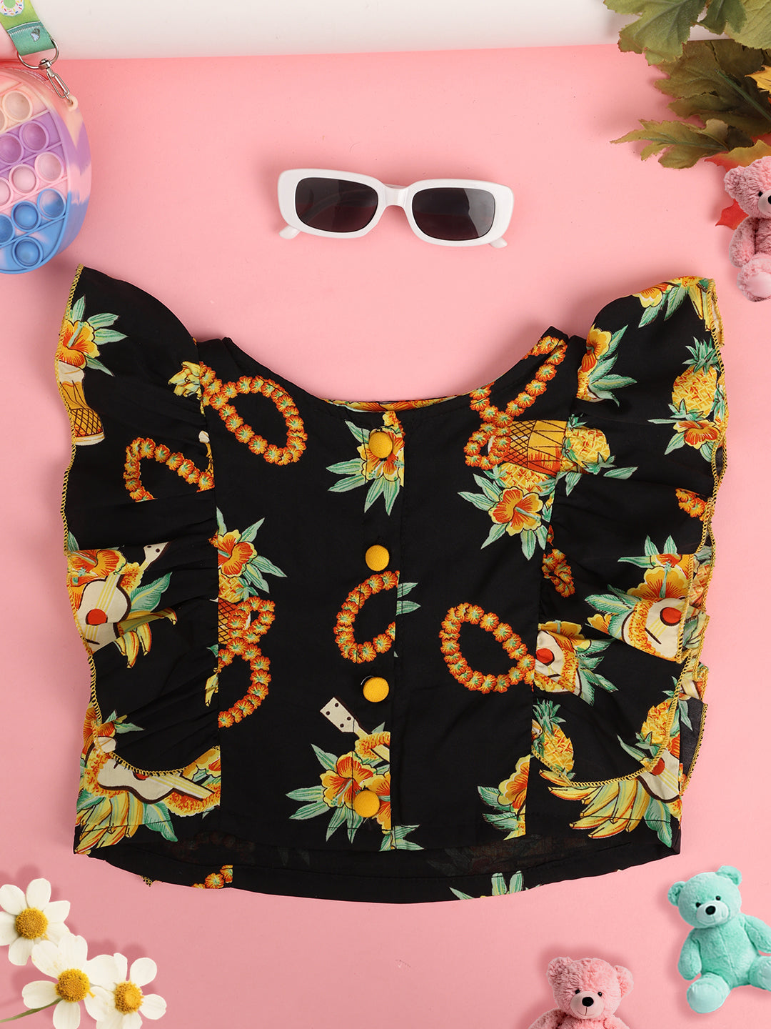 Cutiekins Girl Floral Print Ruffles Shirt Style Top -Black & Mustard