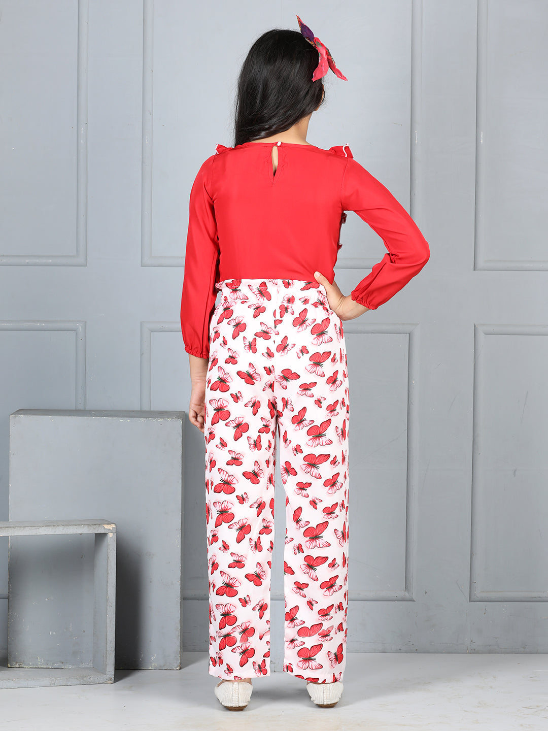 Cutiekins Girls Tie-Up Solid Embellished Top With Butterfly Print Trouser -Red & Off White