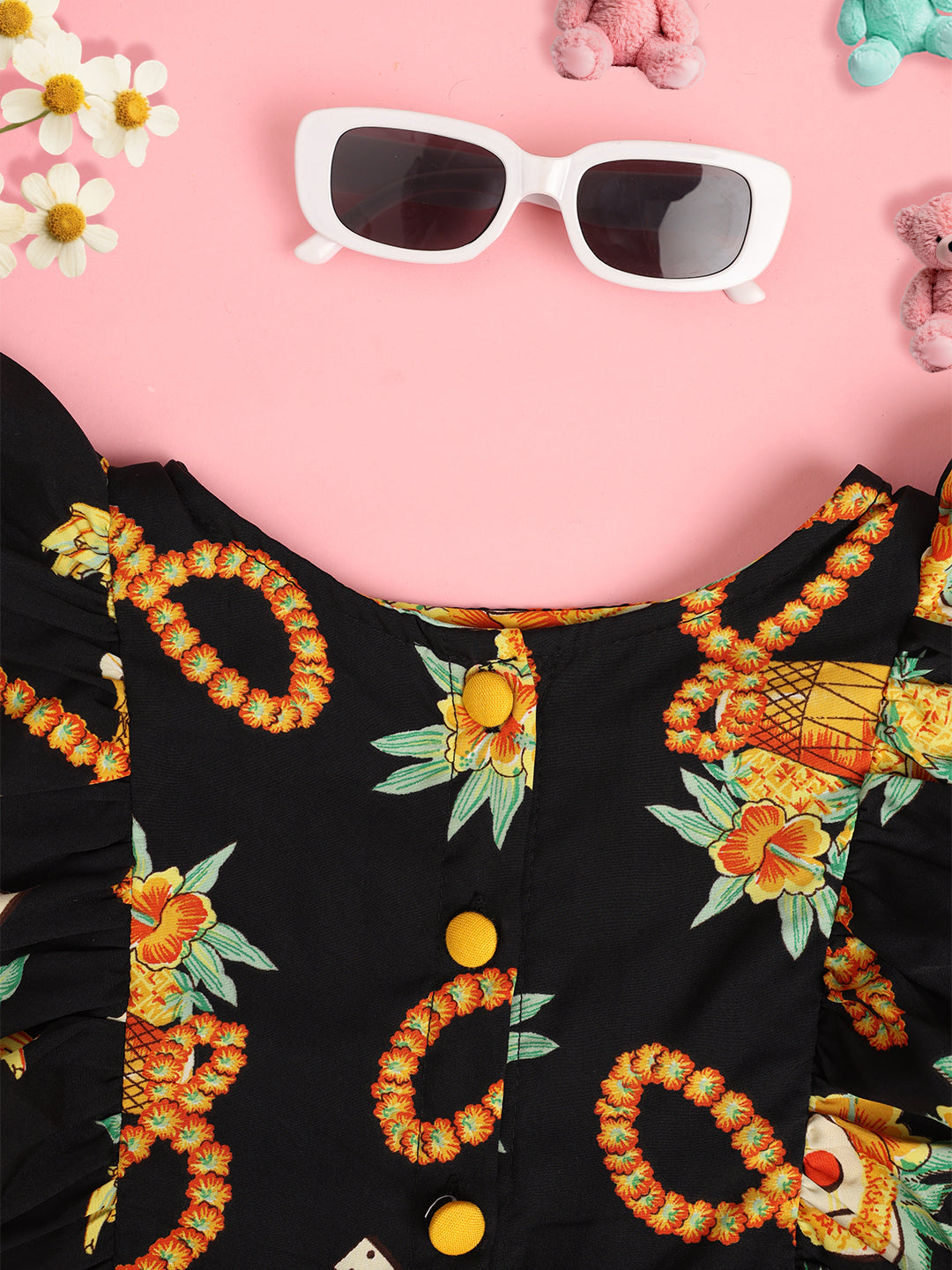 Cutiekins Girl Floral Print Ruffles Shirt Style Top -Black & Mustard