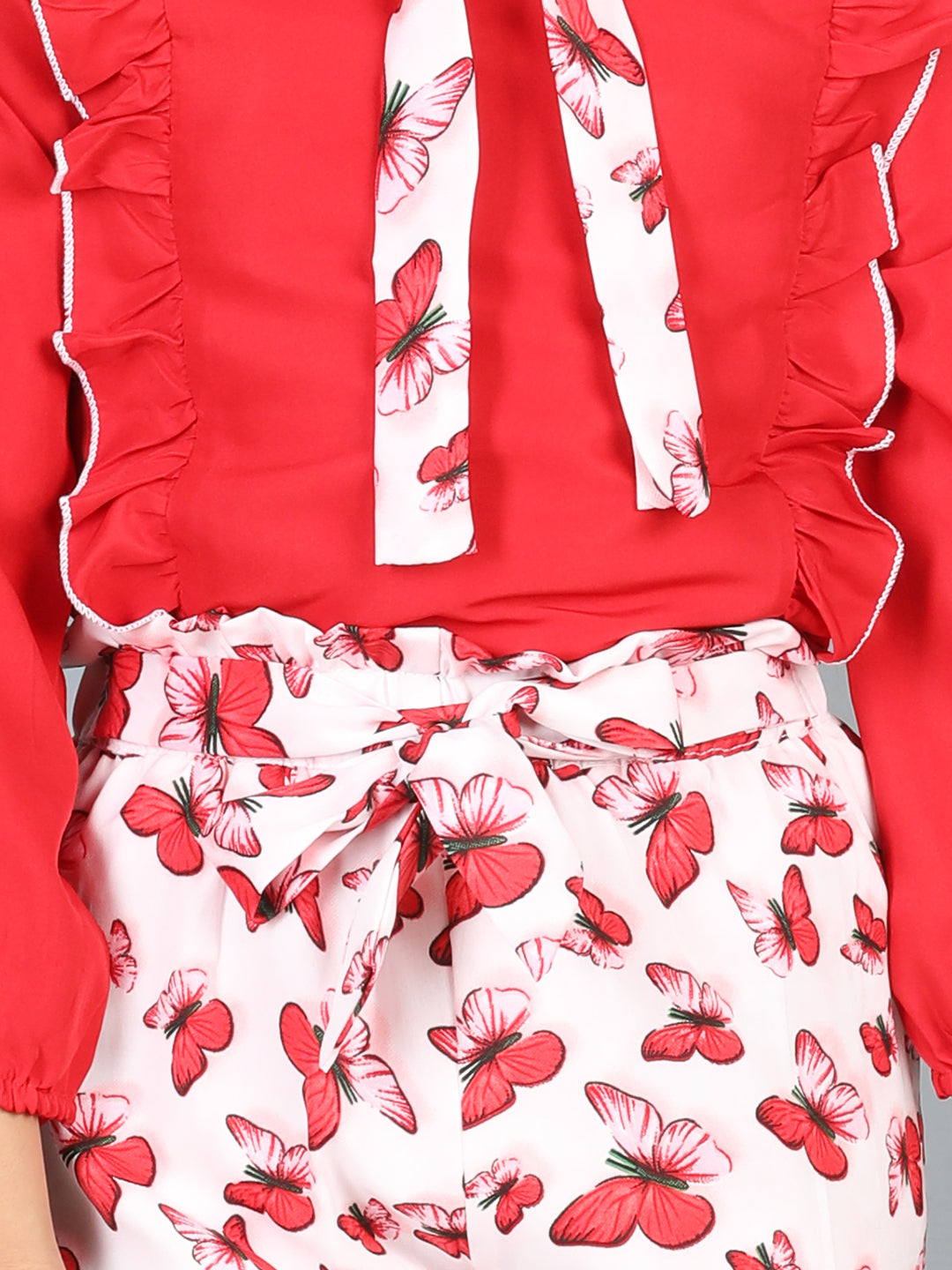Cutiekins Girls Tie-Up Solid Embellished Top With Butterfly Print Trouser -Red & Off White