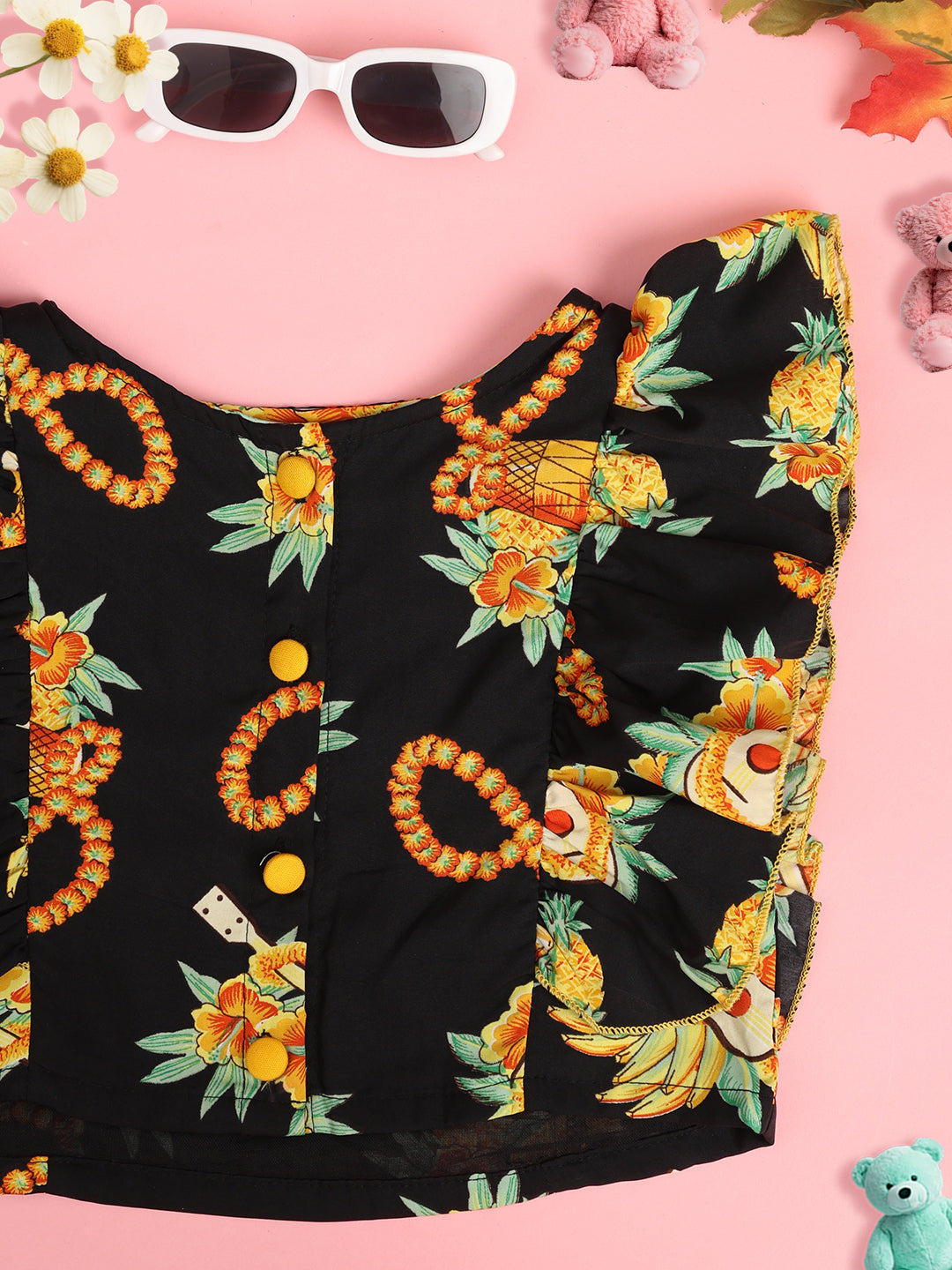 Cutiekins Girl Floral Print Ruffles Shirt Style Top -Black & Mustard
