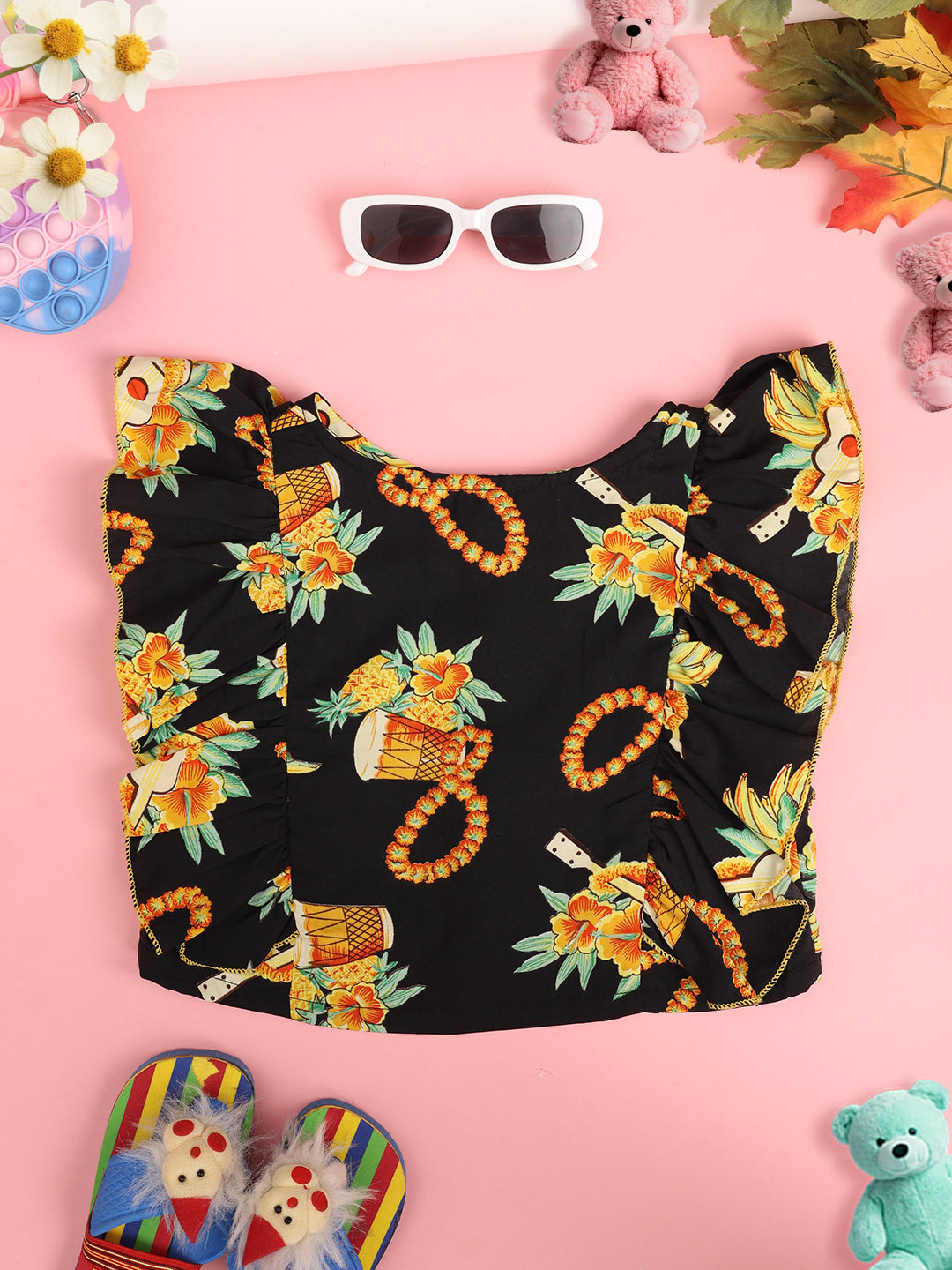 Cutiekins Girl Floral Print Ruffles Shirt Style Top -Black & Mustard