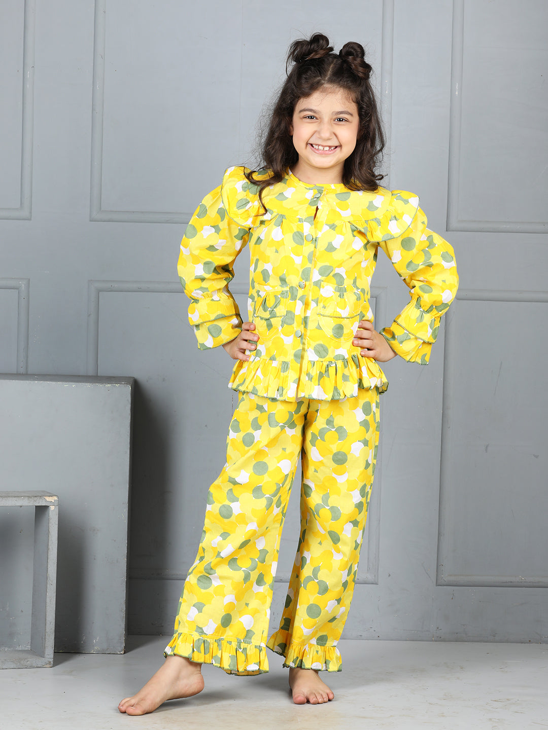 Cutiekins Girls Shirt Style Polka Printed Top With Printed Palazzo Nightsuit -Yellow & Olive