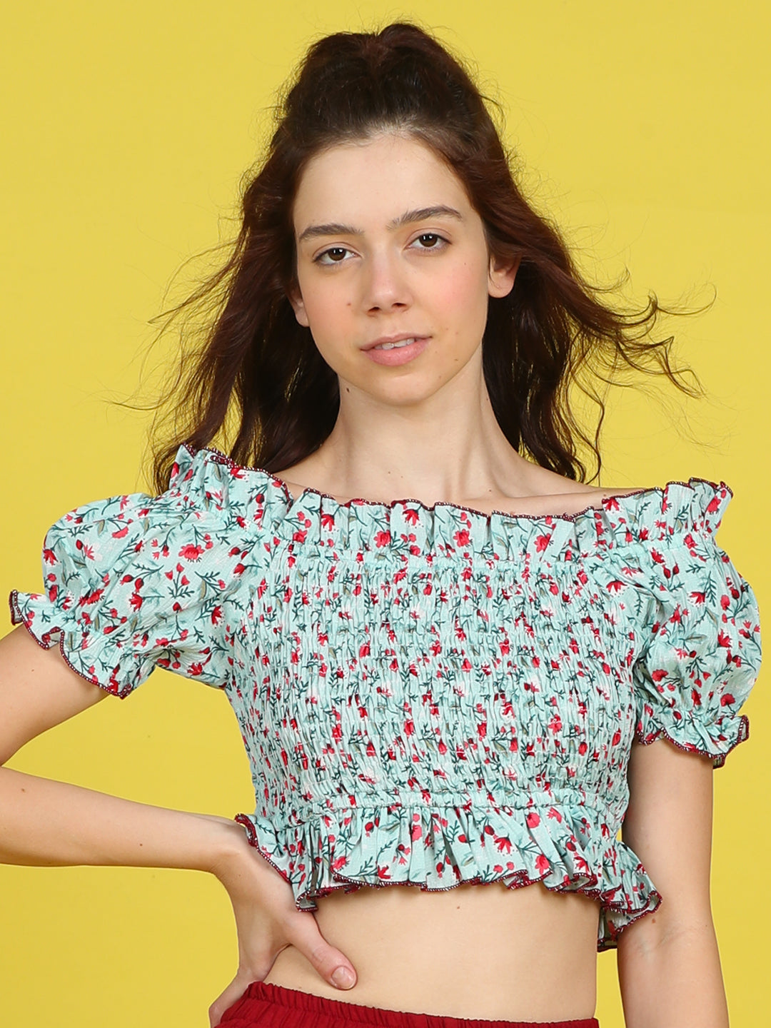 Cutiekins Girls Trendy Bold Style Printed Top -Sky Blue & Red