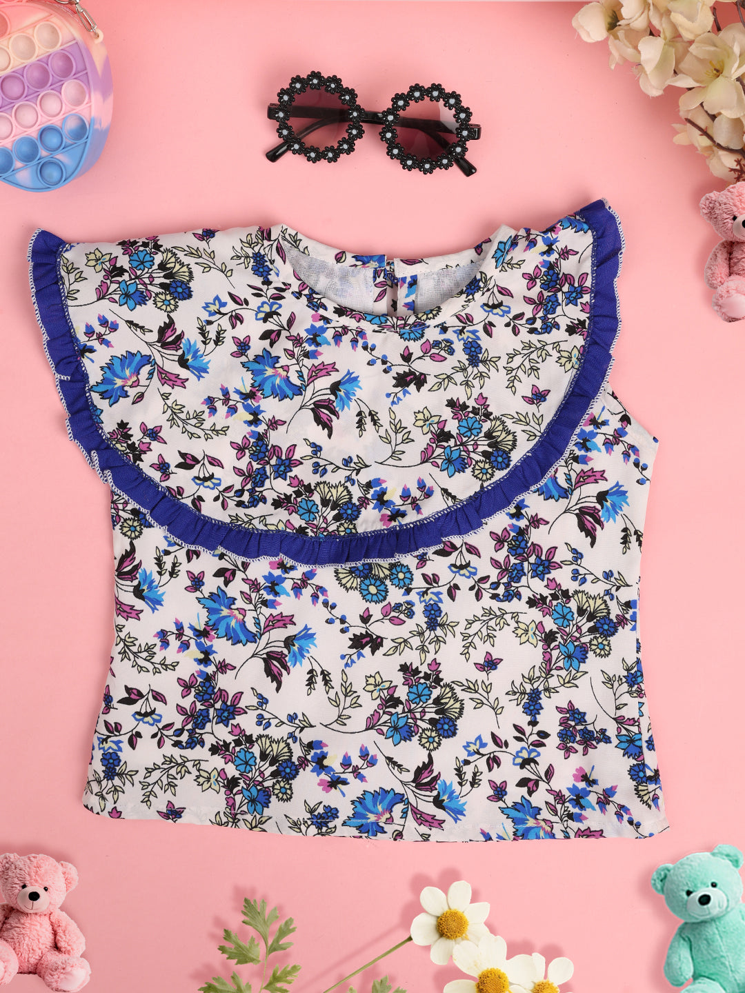 Cutiekins Girls Floral Printed Embellished Crop Top -Dark Blue & Off White