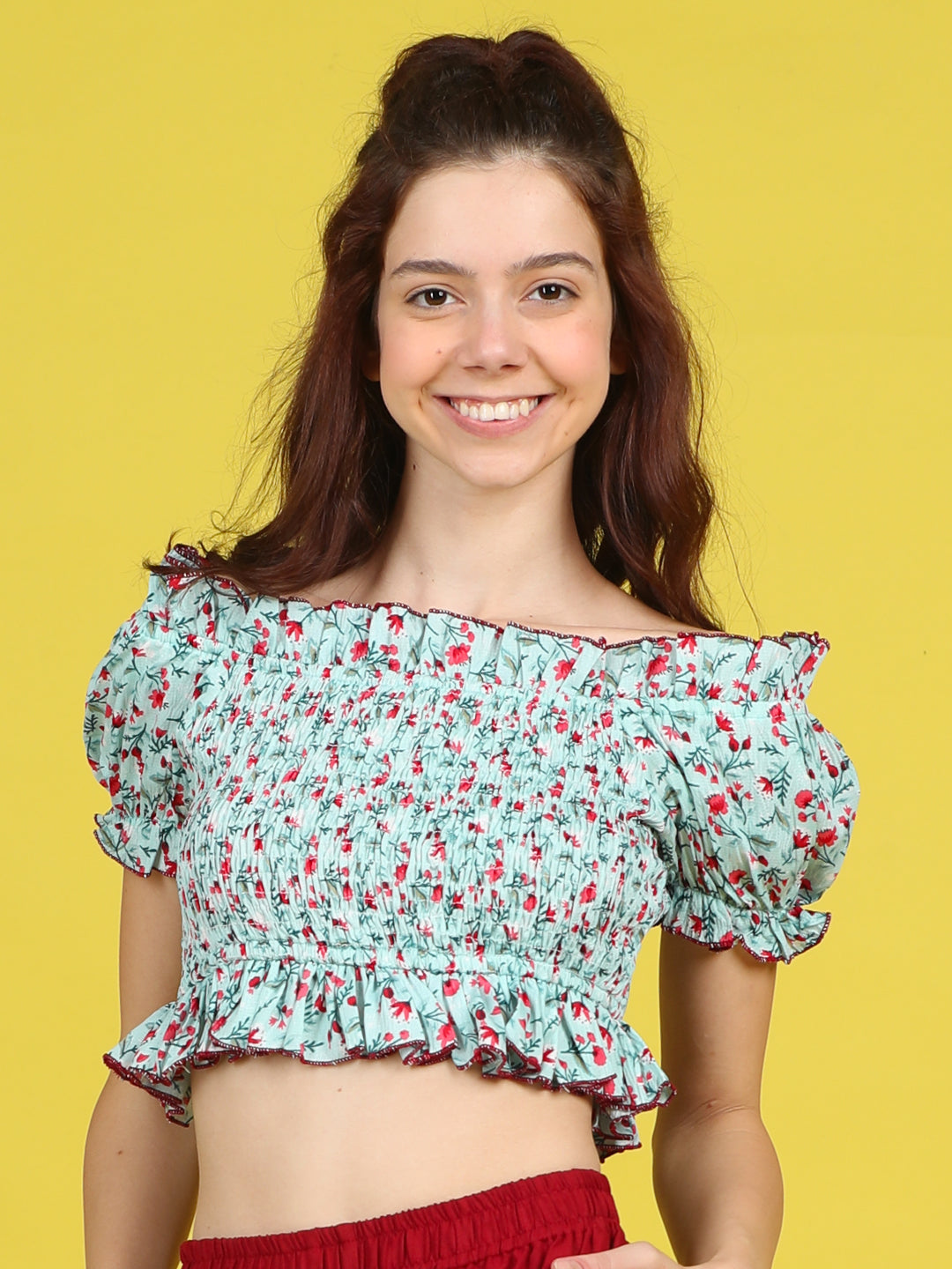 Cutiekins Girls Trendy Bold Style Printed Top -Sky Blue & Red