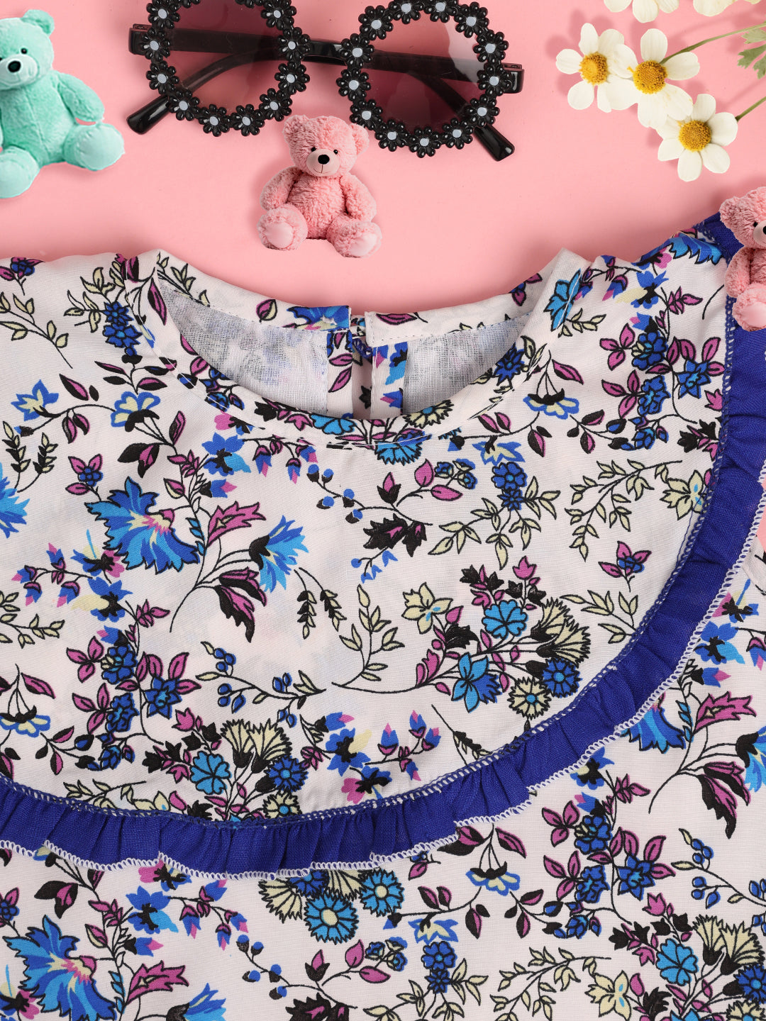 Cutiekins Girls Floral Printed Embellished Crop Top -Dark Blue & Off White