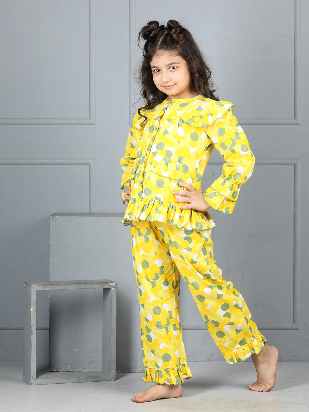 Cutiekins Girls Shirt Style Polka Printed Top With Printed Palazzo Nightsuit -Yellow & Olive