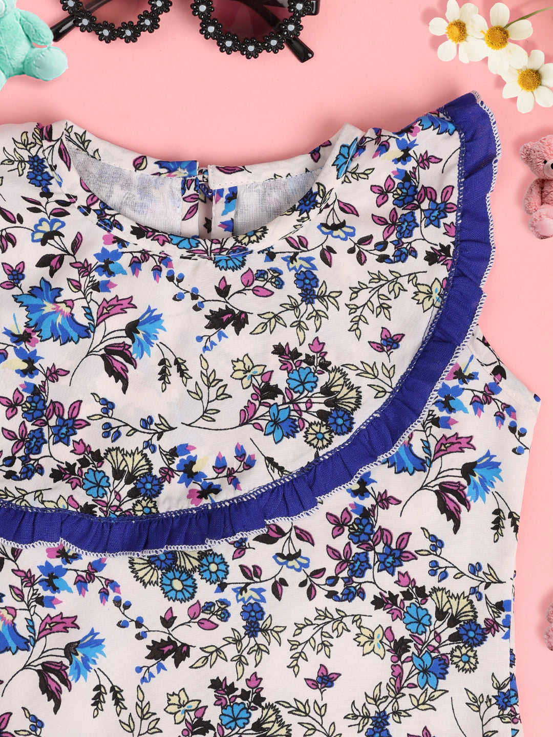 Cutiekins Girls Floral Printed Embellished Crop Top -Dark Blue & Off White