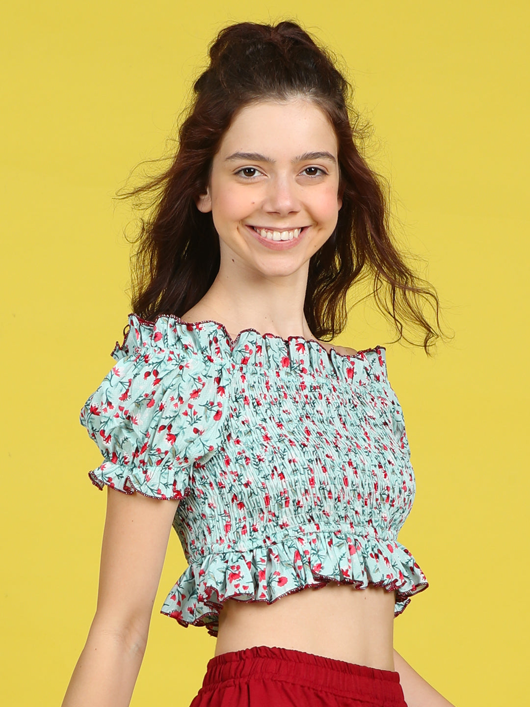Cutiekins Girls Trendy Bold Style Printed Top -Sky Blue & Red