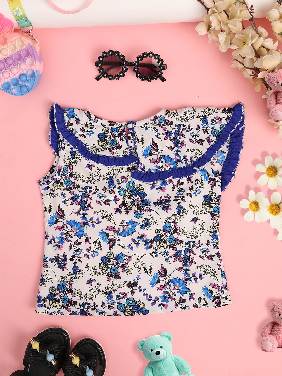 Cutiekins Girls Floral Printed Embellished Crop Top -Dark Blue & Off White