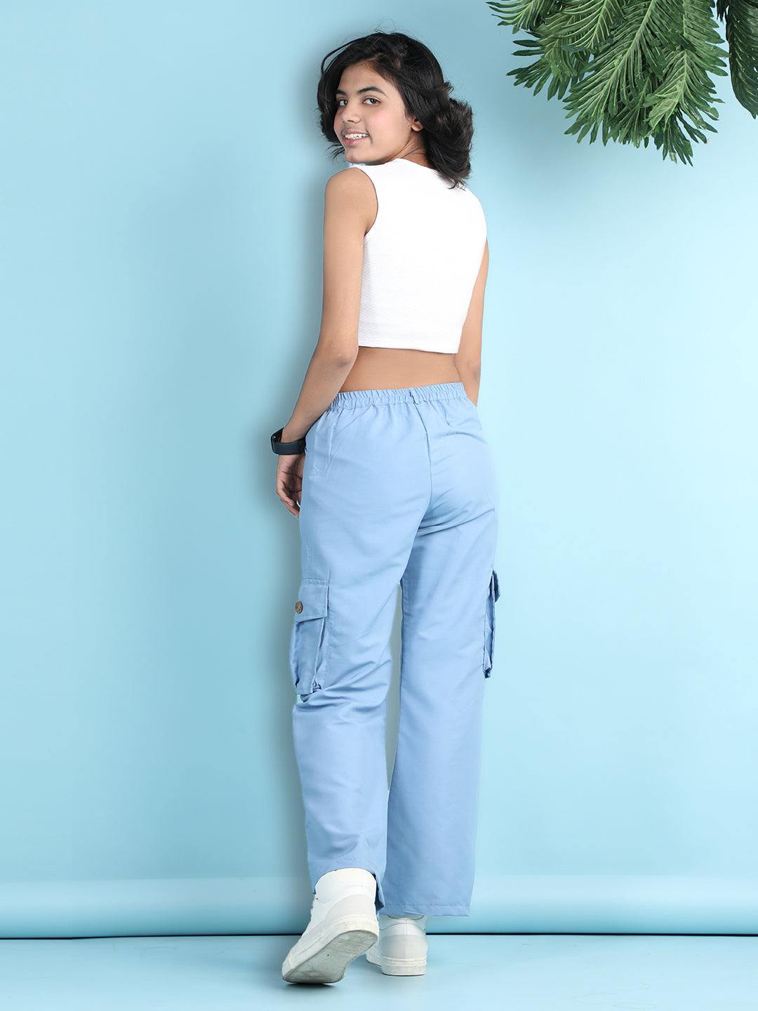 Cutiekins Girls Solid Embellished Top with Solid Cargo -White & Blue