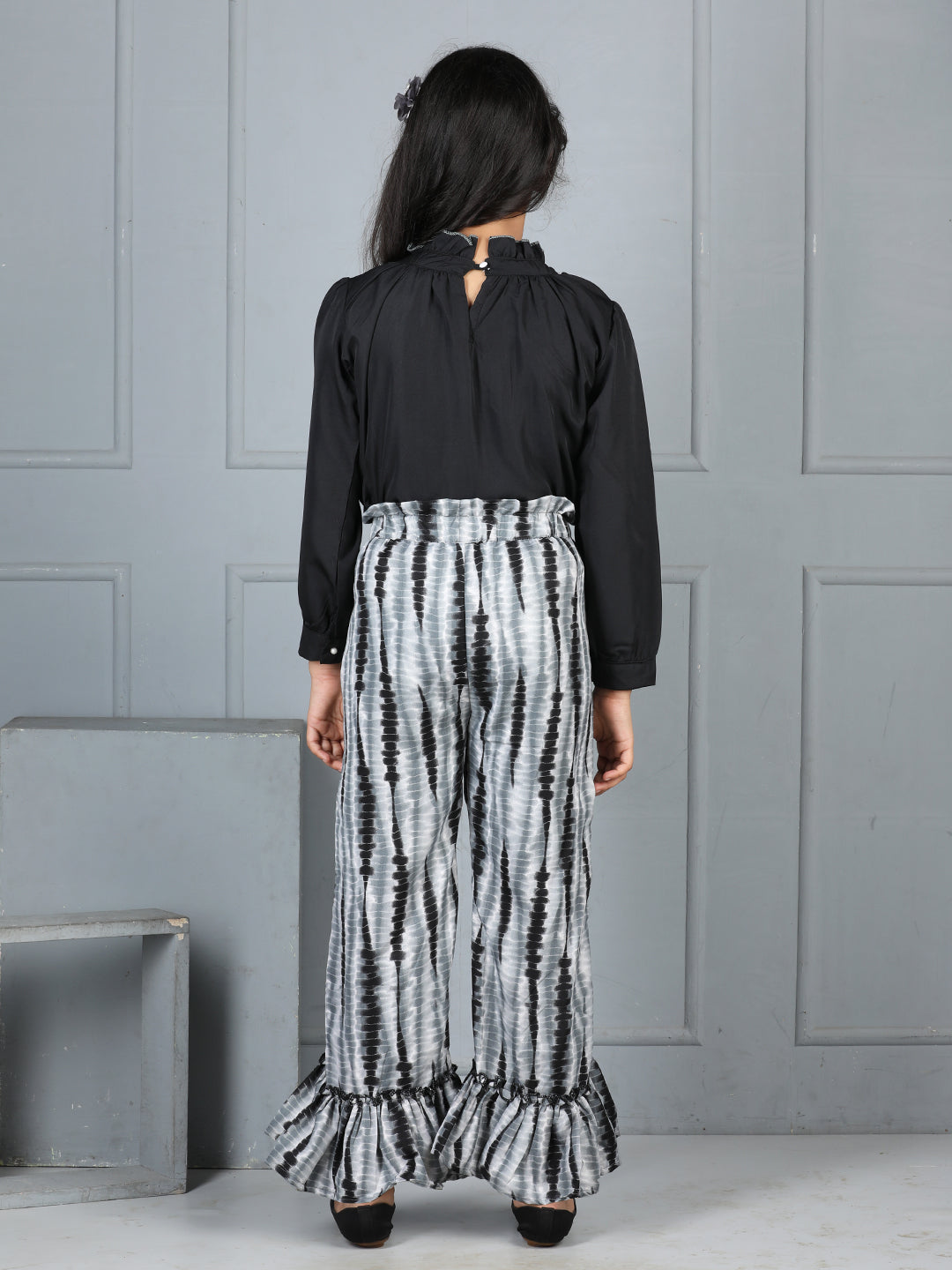 Cutiekins Girls Solid Embellished Top With Printed Palazzo -Black & Off White