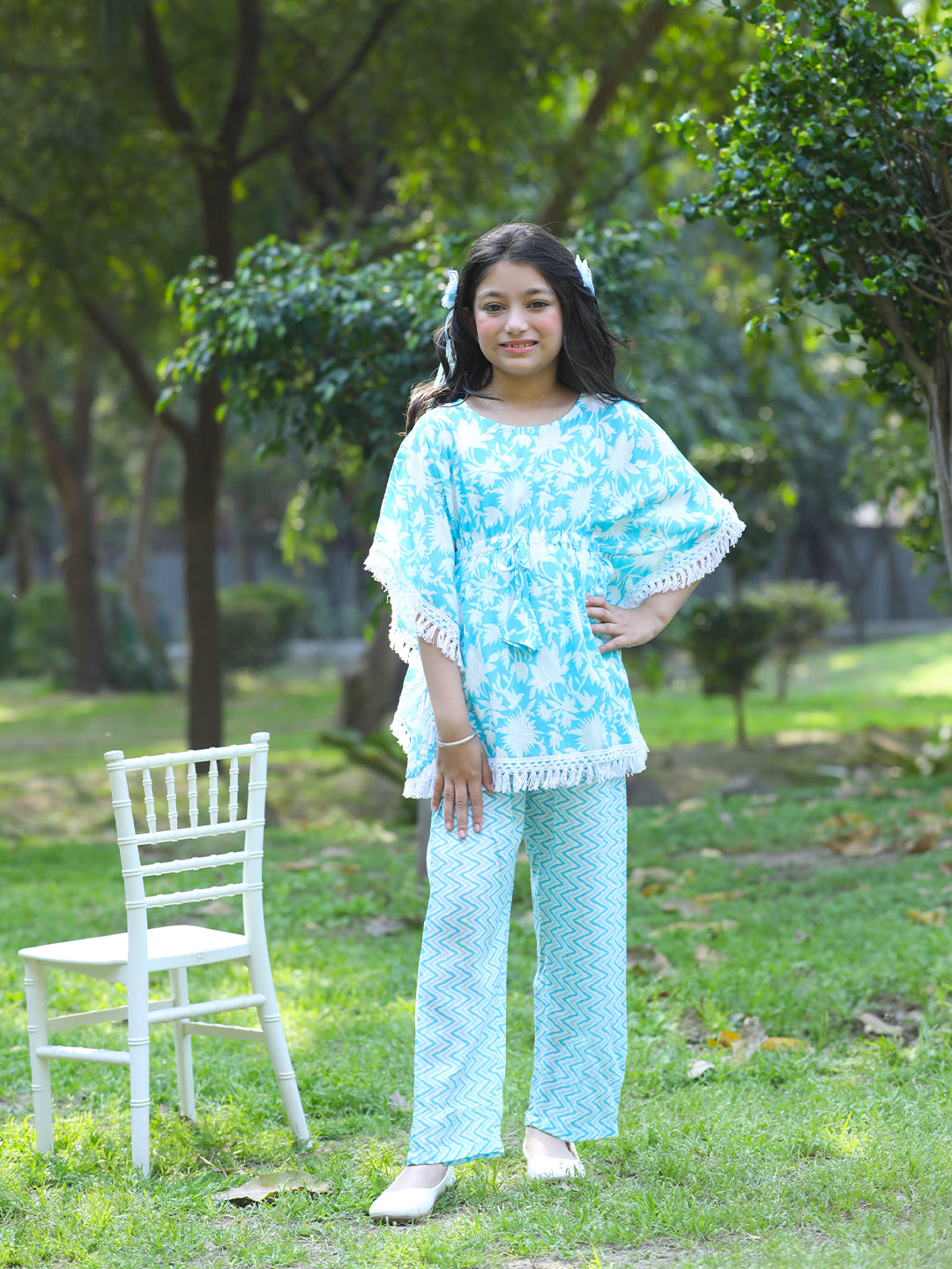 Cutiekins Girls Trendy Floral Print Kaftan Kurta and Palazzo Set -White & Sky Blue