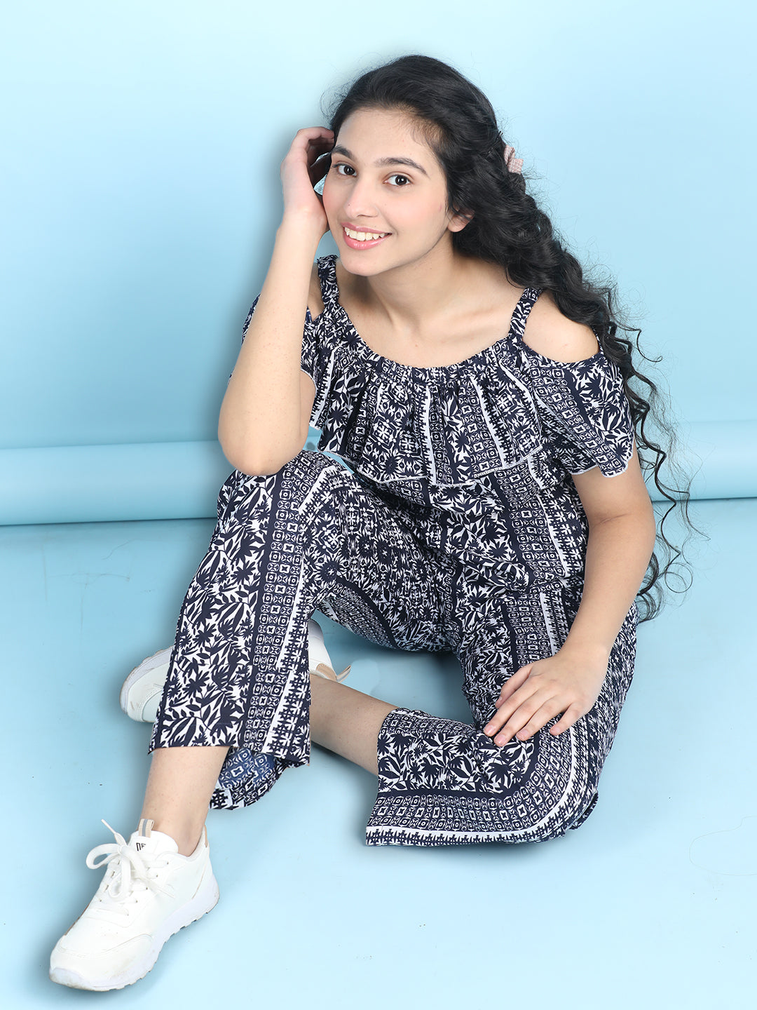 Cutiekins Girls Stylish Ethnic Motifs Print Jumpsuit -Dark Blue & Off White