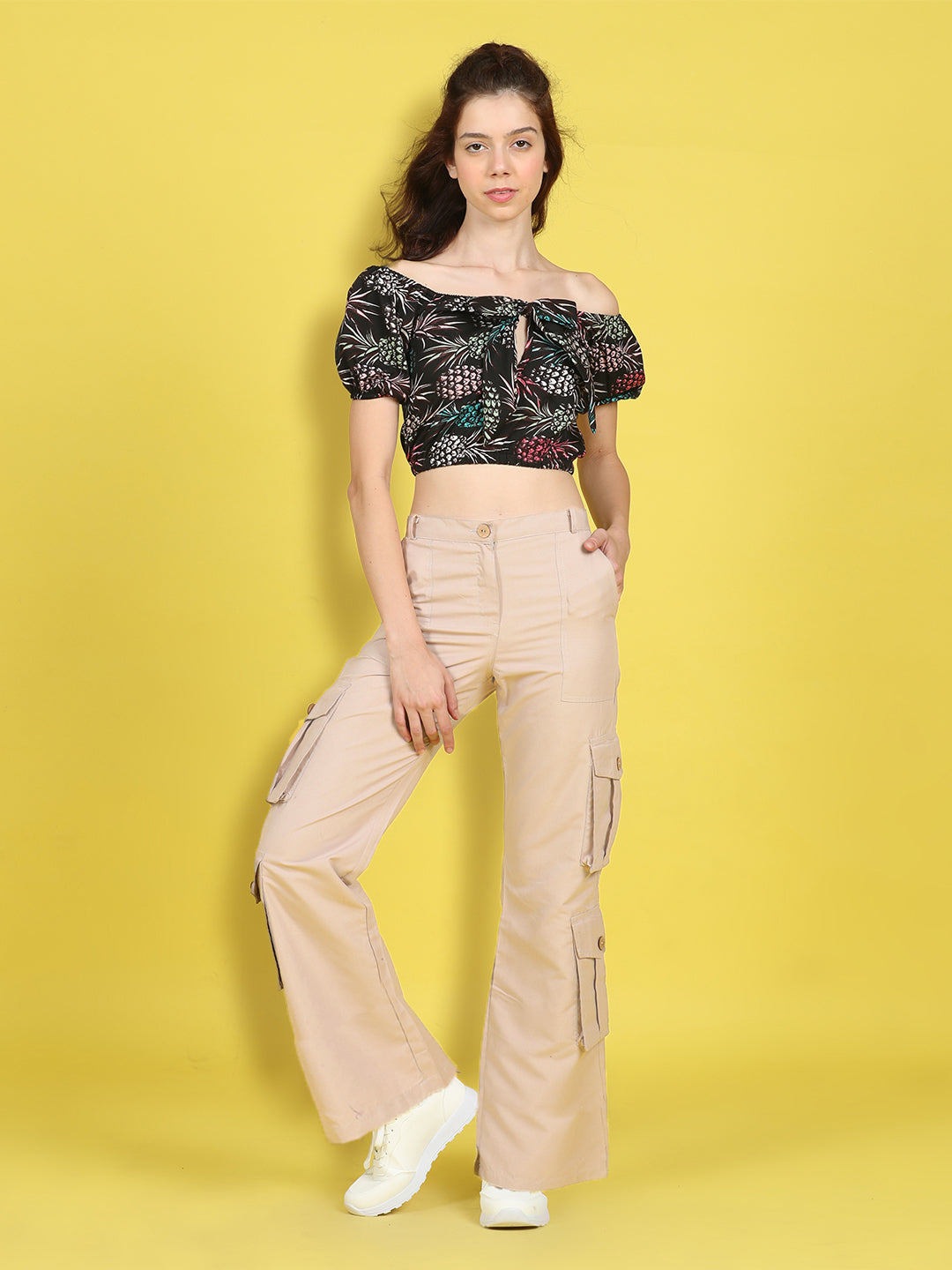 Cutiekins Girls Trendy Bold Look Crop Top With Solid Cargo -Black & Beige