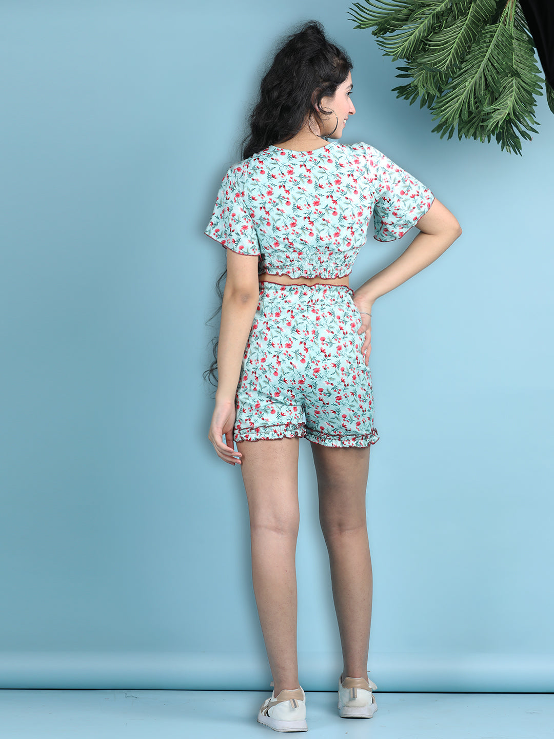 Cutiekins Girls Printed Embellished Top with Printed Shorts -Pista Green & Pink