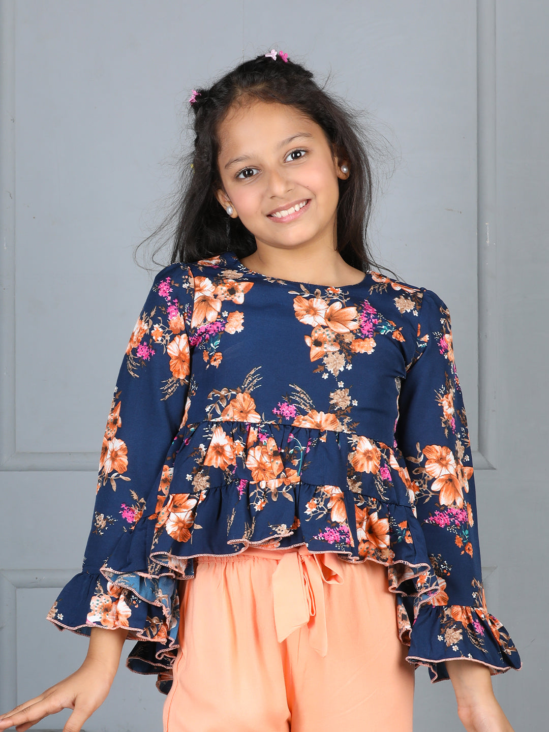 Cutiekins Girls Adorable Floral Print Casual Top -Navy Blue & Rust