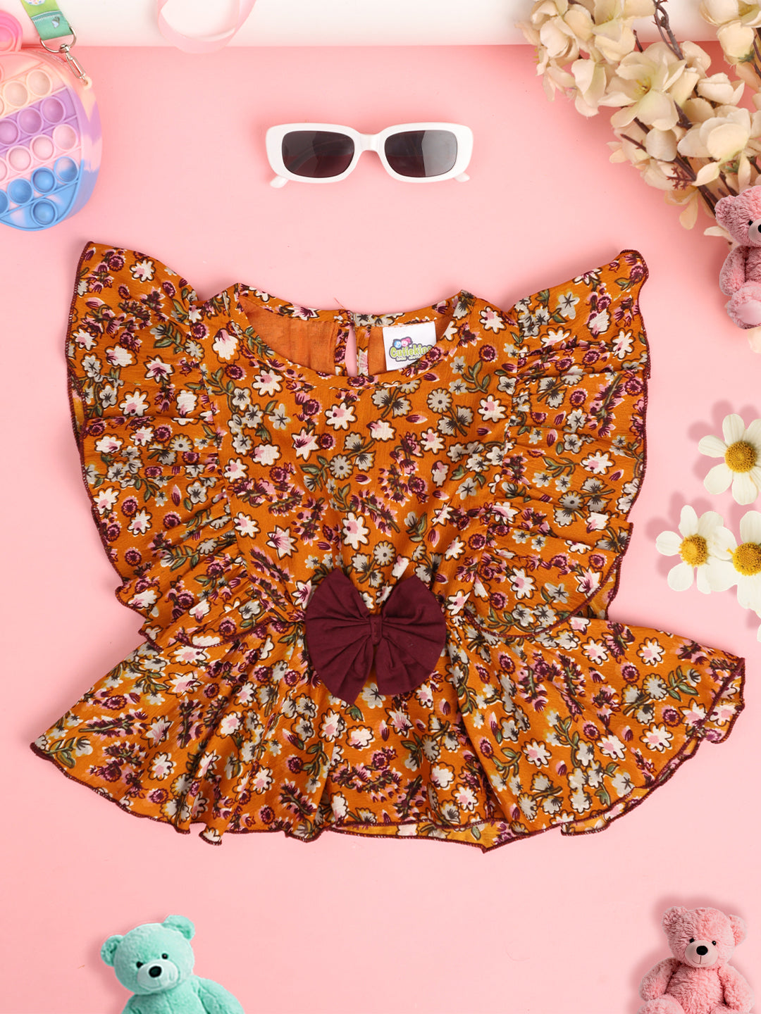 Cutiekins Girls Floral Printed Embellished Ruffles Crop Top -Mustard & Multi