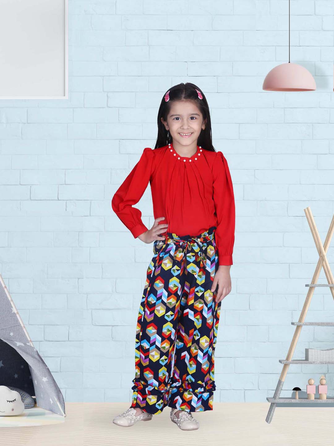 Cutiekins Solid Red Pearl Top & Diamond Printed Palazzo Set