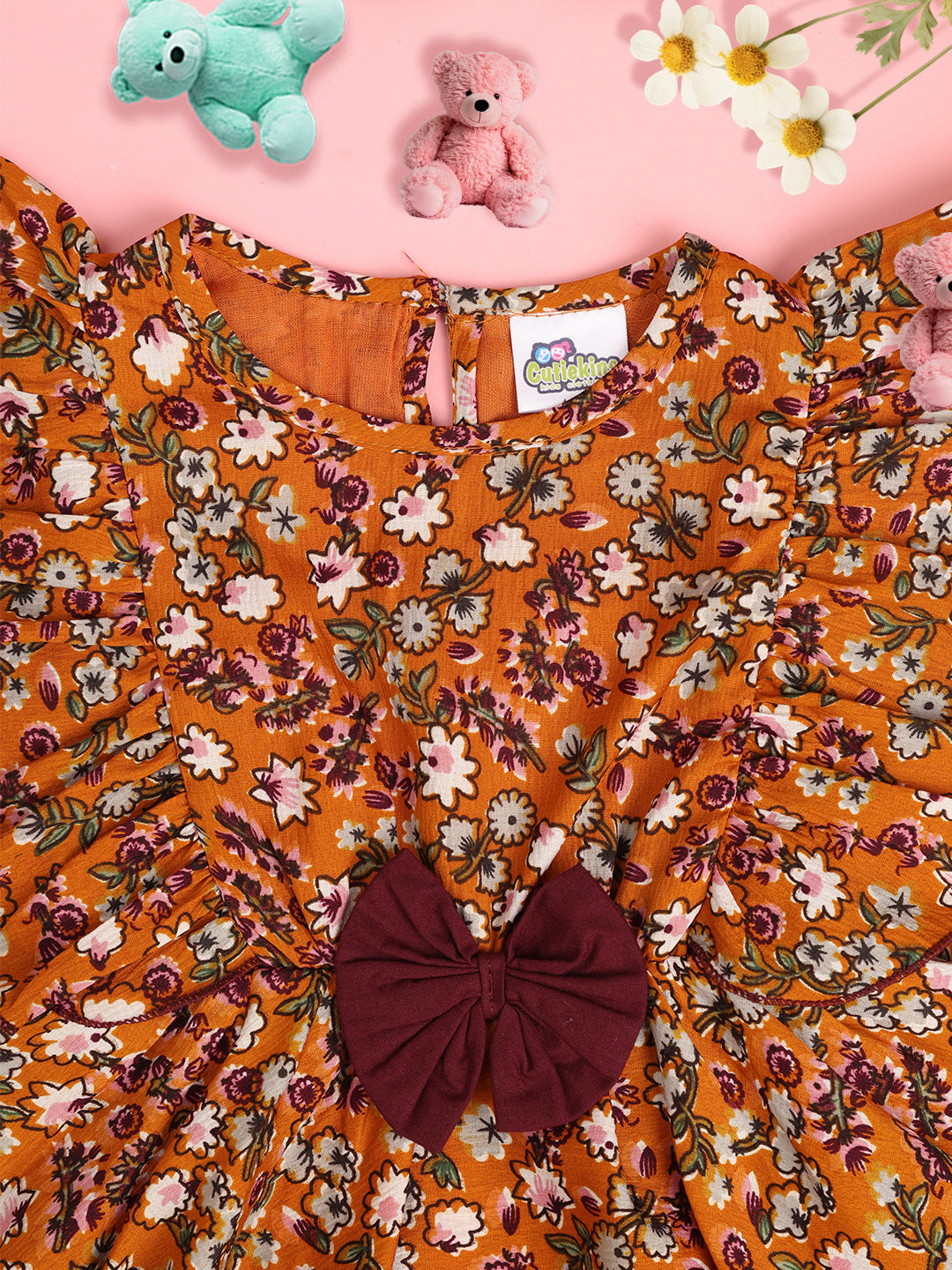 Cutiekins Girls Floral Printed Embellished Ruffles Crop Top -Mustard & Multi