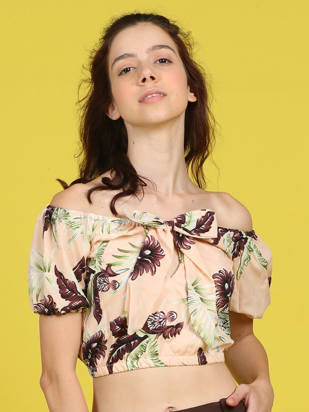 Cutiekins Girls Trendy Bold Style Printed Top -Peach & Coffee Brown