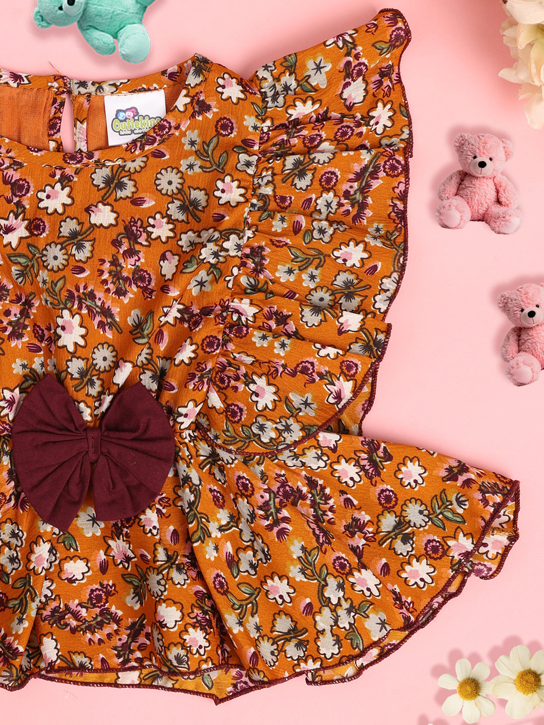 Cutiekins Girls Floral Printed Embellished Ruffles Crop Top -Mustard & Multi