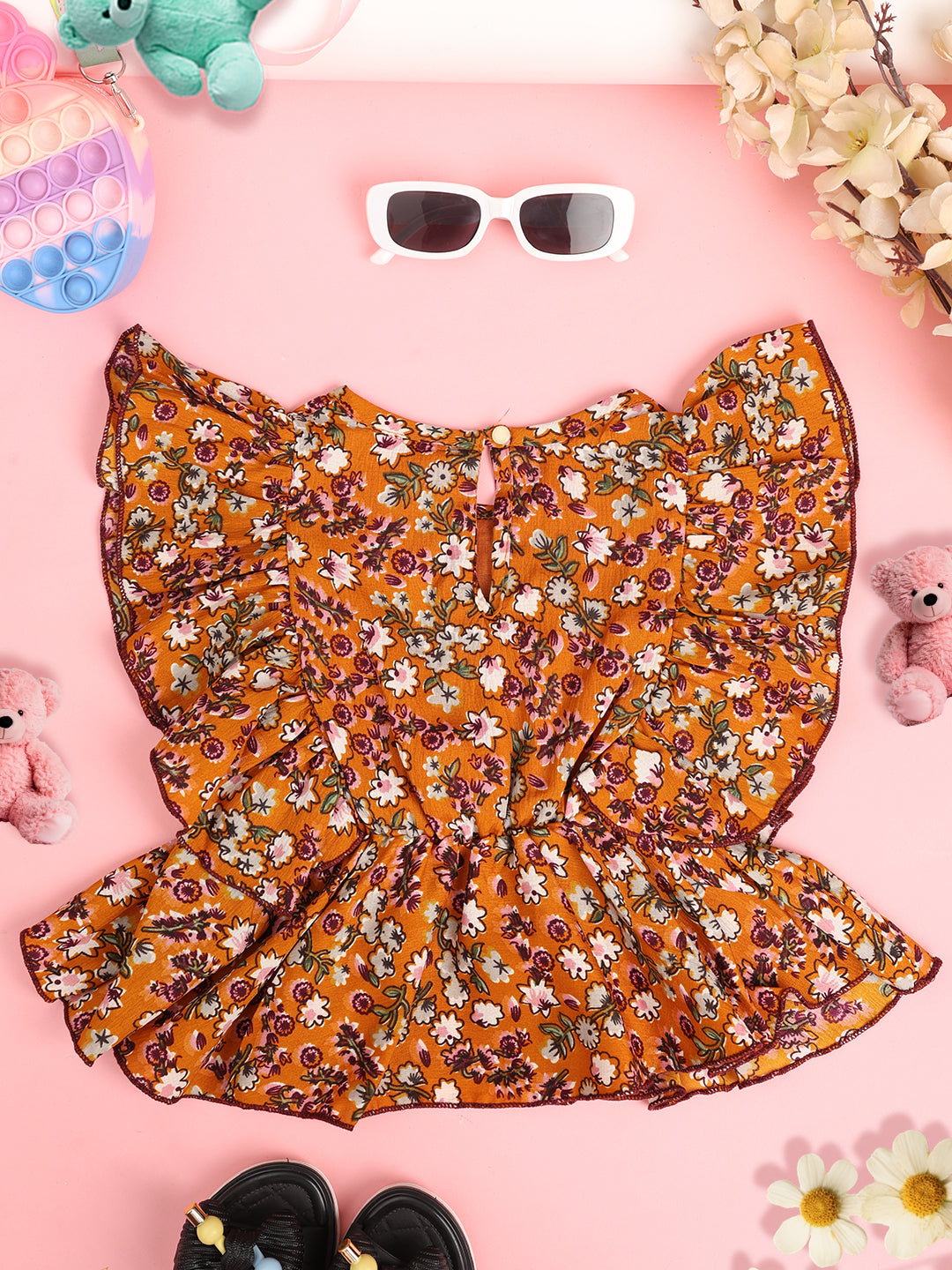 Cutiekins Girls Floral Printed Embellished Ruffles Crop Top -Mustard & Multi