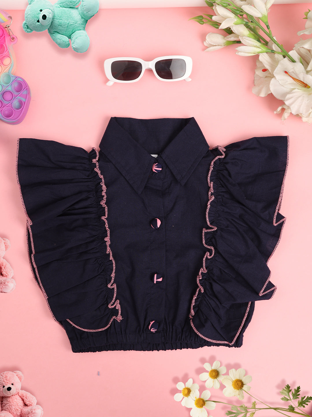 Cutiekins Girls Ruffles Pure Cotton Shirt Style Crop Top -Navy Blue