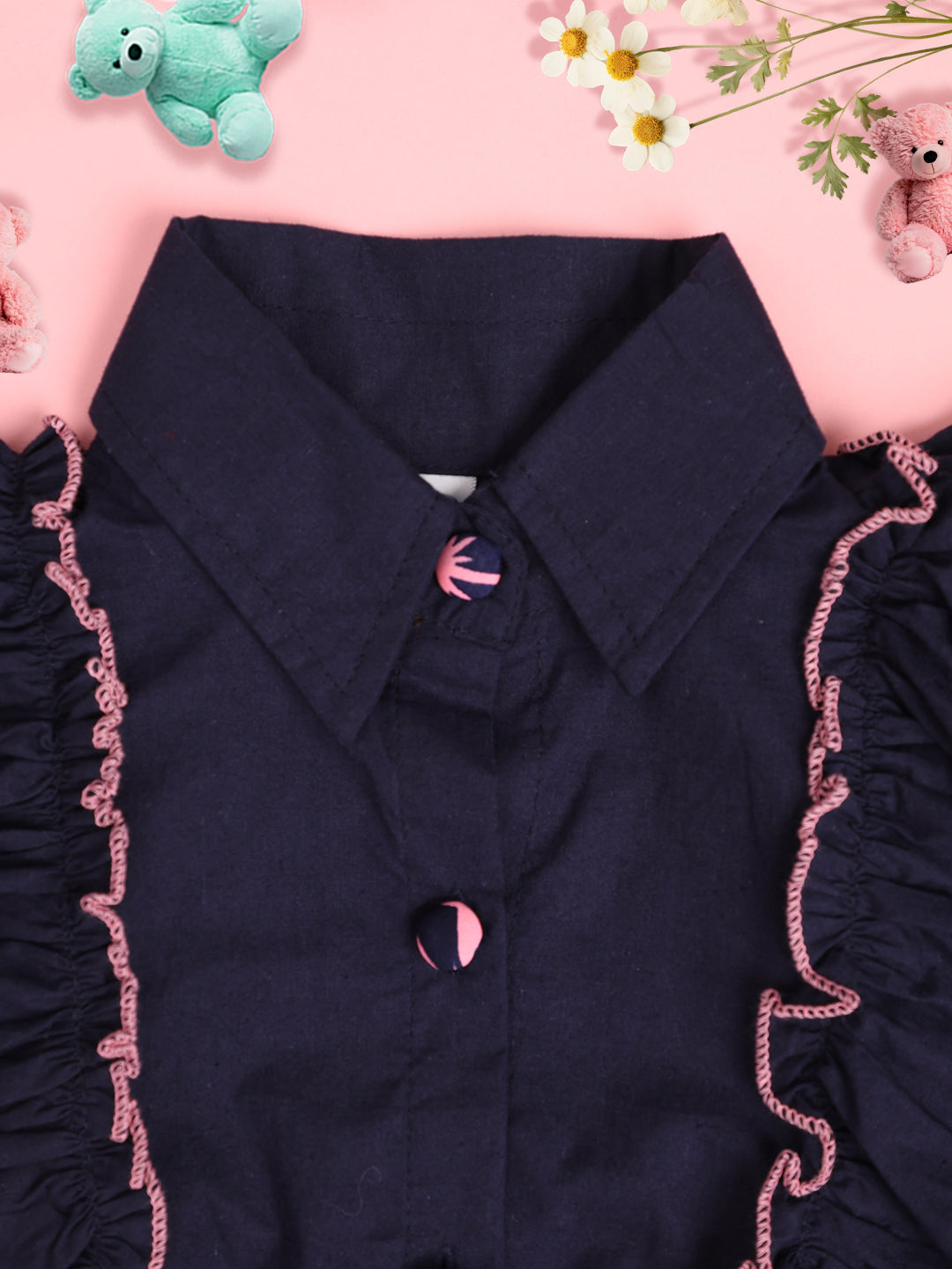 Cutiekins Girls Ruffles Pure Cotton Shirt Style Crop Top -Navy Blue