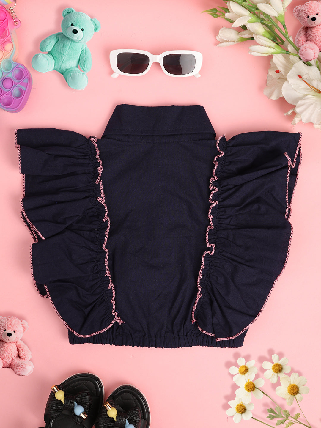 Cutiekins Girls Ruffles Pure Cotton Shirt Style Crop Top -Navy Blue