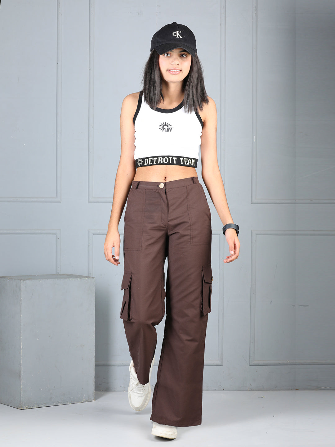 Cutiekins Girls Solid Polycotton Casual Cargo Pant -Coffee Brown
