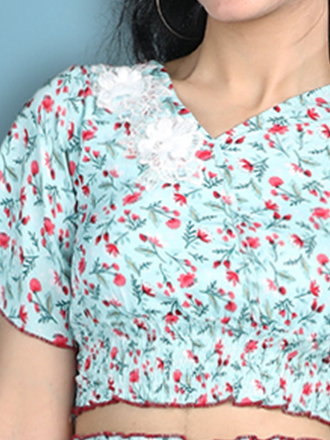 Cutiekins Girls Printed Embellished Top -Pista Green & Pink