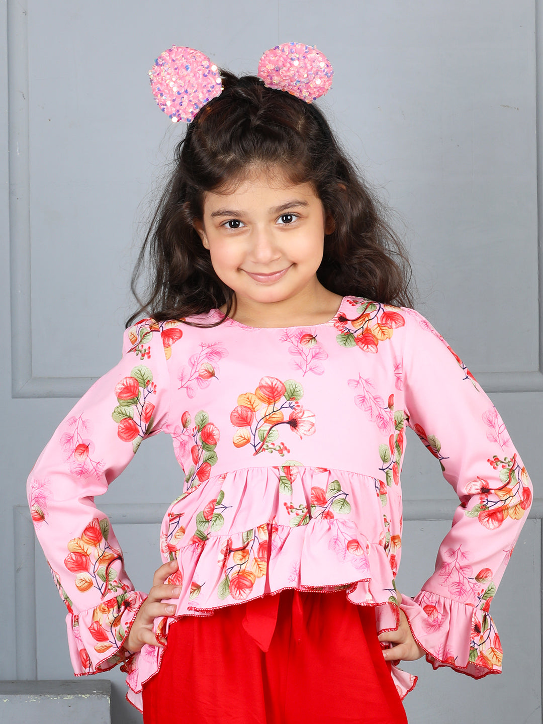 Cutiekins Girls Adorable Floral Print Casual Top -Pink & Red