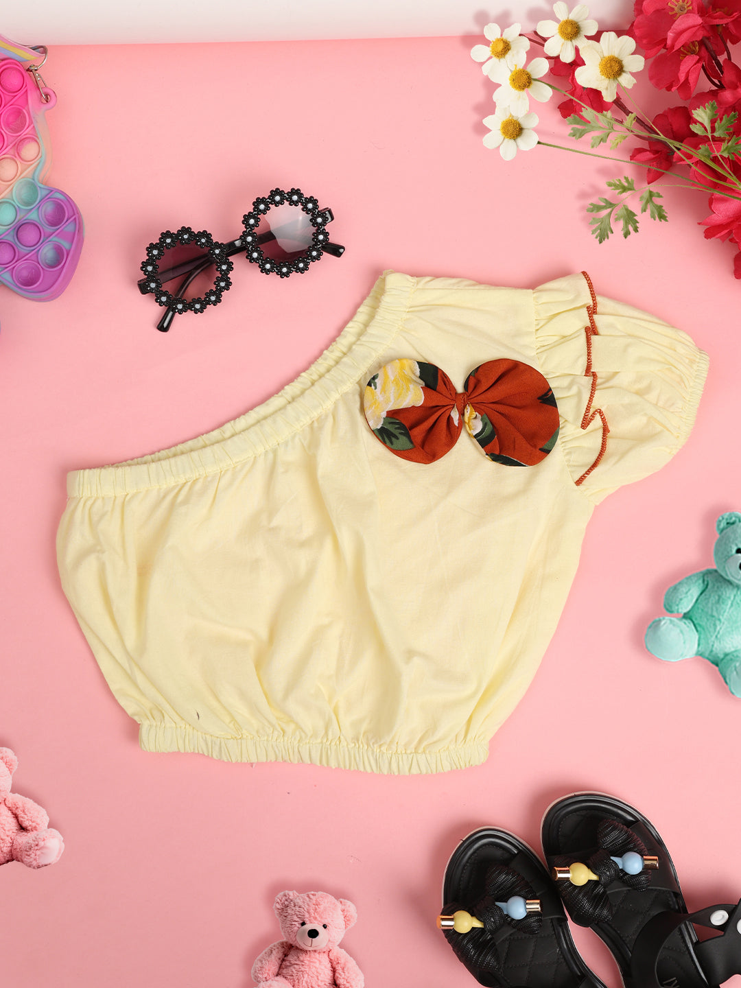 Cutiekins Girls One Shoulder Bow Detailed Pure Cotton Crop Top -Cream & Red