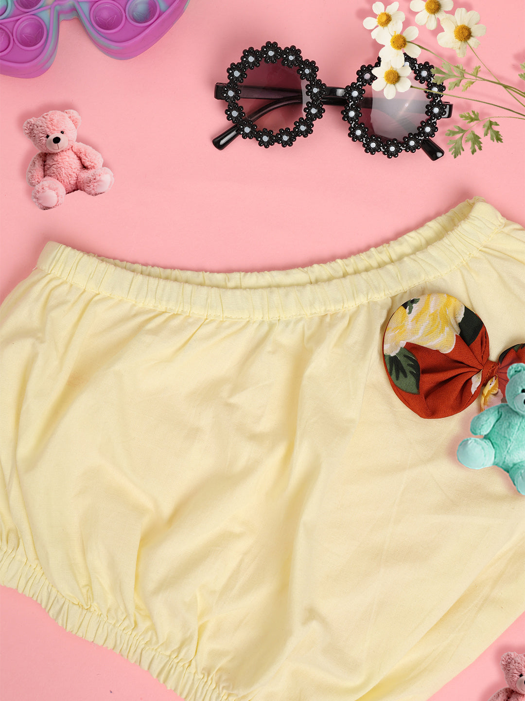 Cutiekins Girls One Shoulder Bow Detailed Pure Cotton Crop Top -Cream & Red