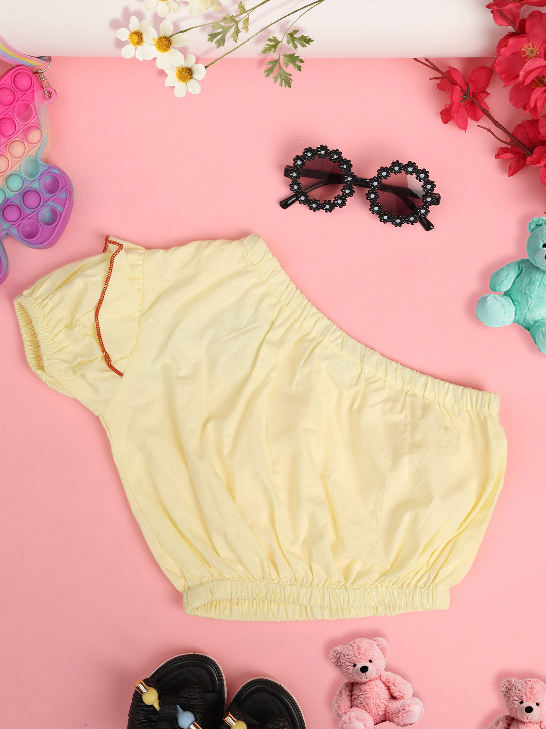 Cutiekins Girls One Shoulder Bow Detailed Pure Cotton Crop Top -Cream & Red