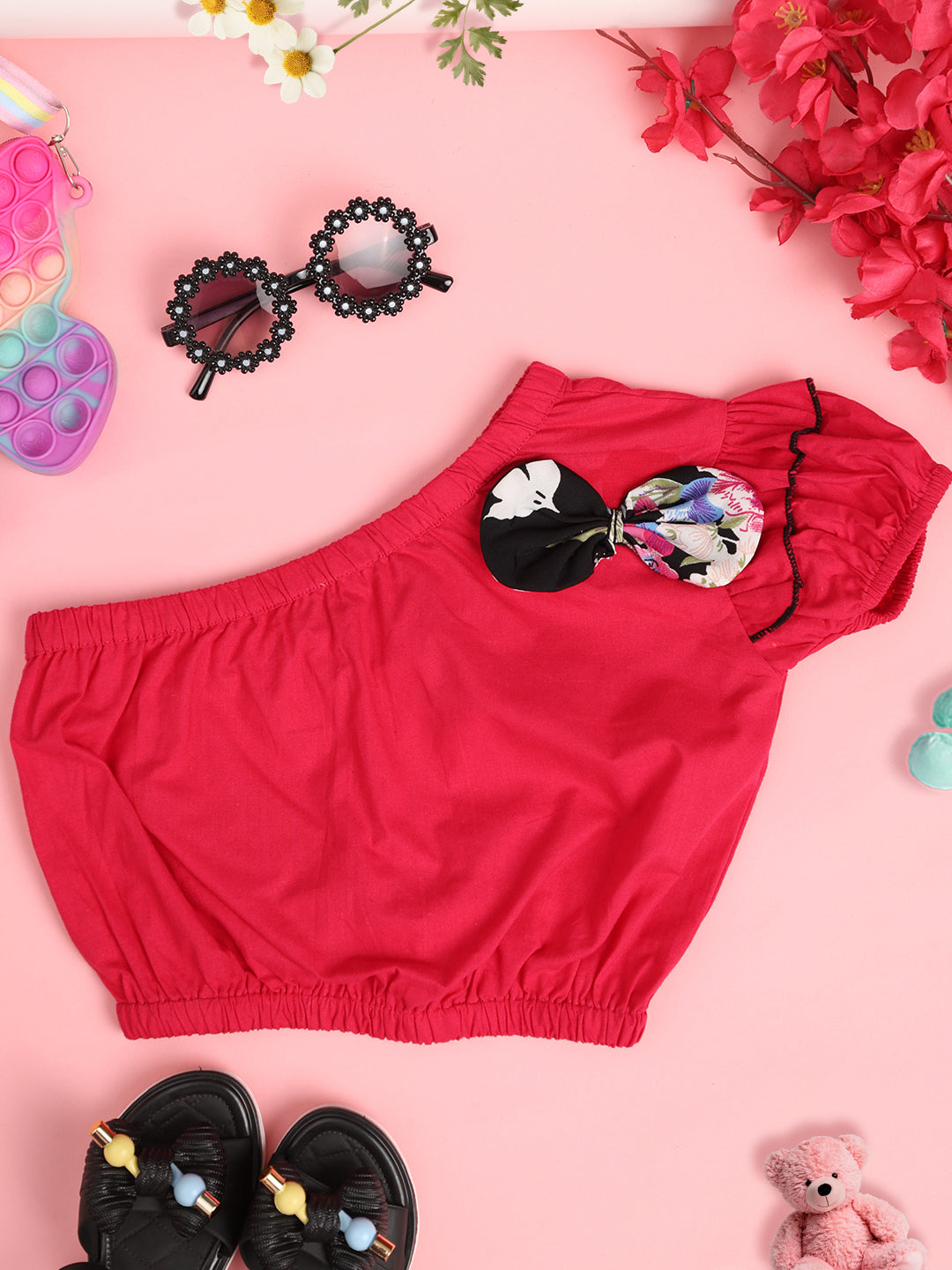 Girls Embellished One Shoulder Puff Sleeve Cotton Crop Top -Coral Pink & Black