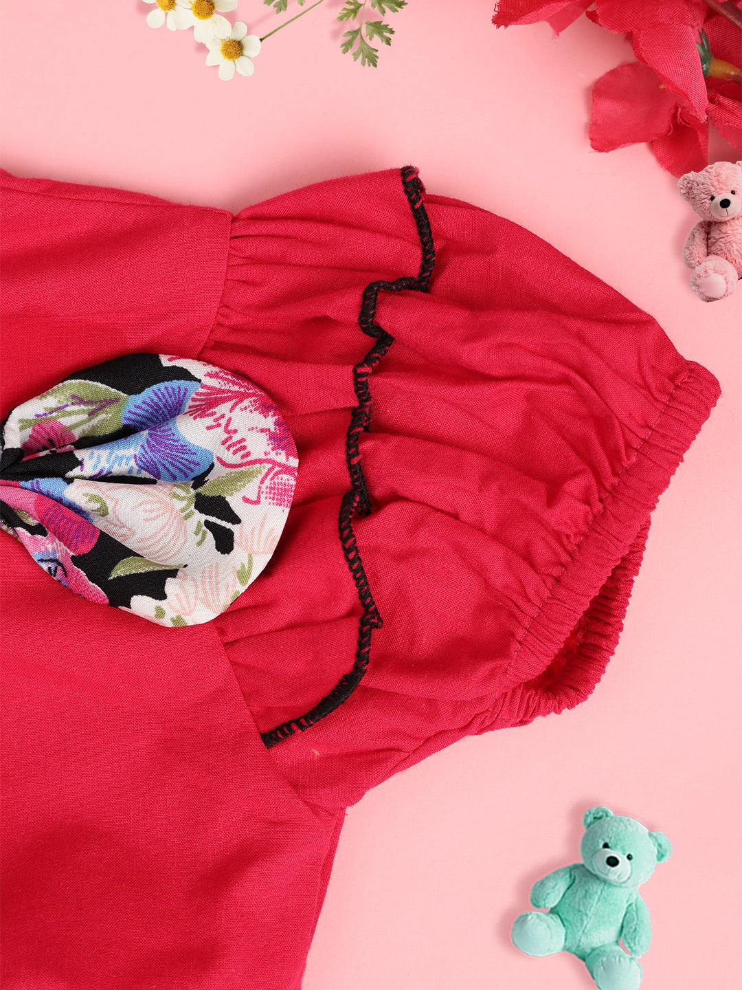 Girls Embellished One Shoulder Puff Sleeve Cotton Crop Top -Coral Pink & Black