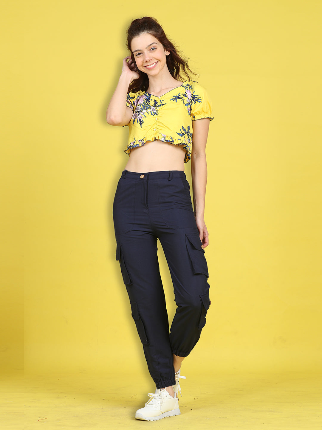 Cutiekins Girls Trendy Bold Look Crop Top With Solid Cargo -Yellow & Dark Blue