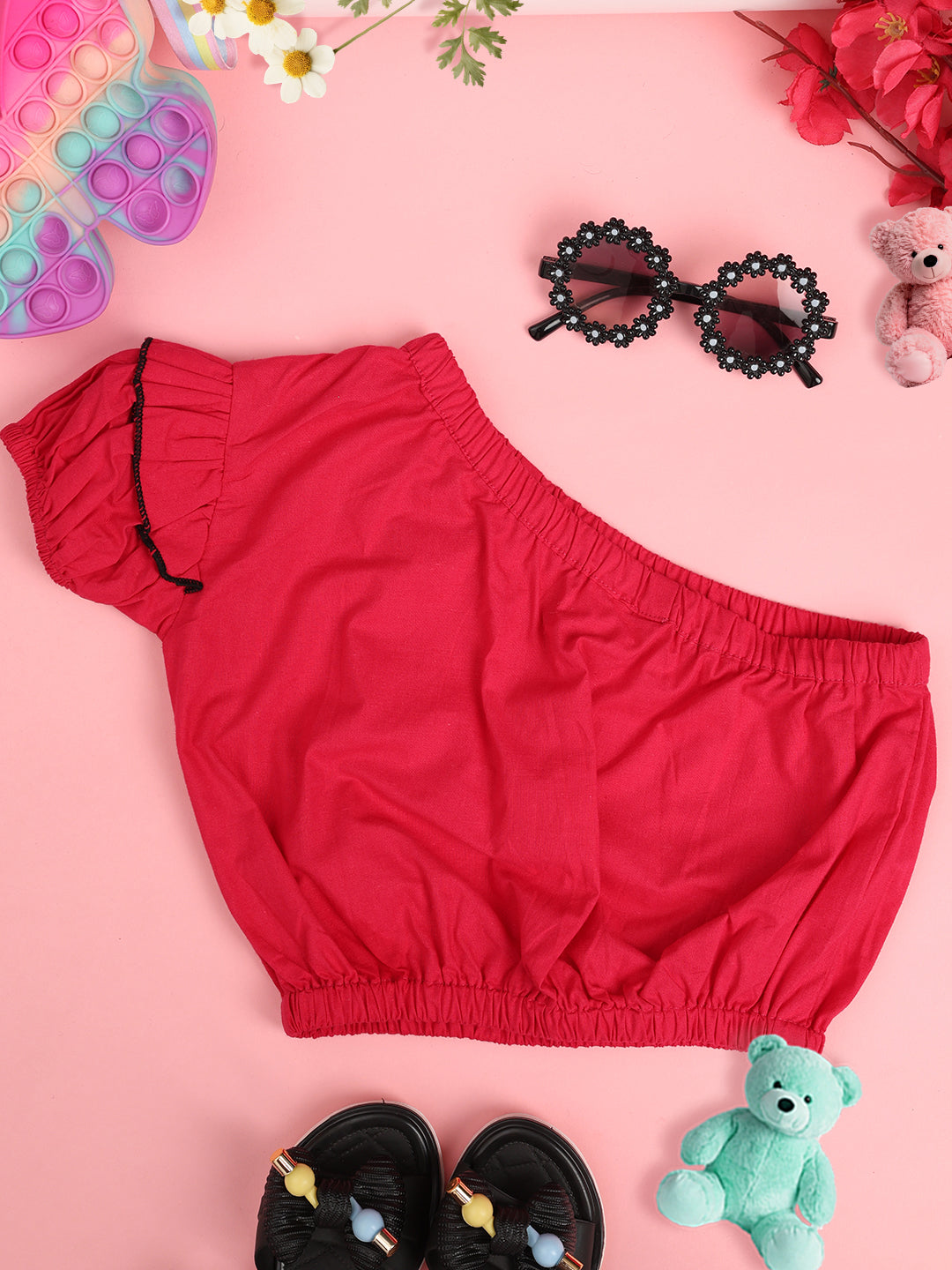 Girls Embellished One Shoulder Puff Sleeve Cotton Crop Top -Coral Pink & Black